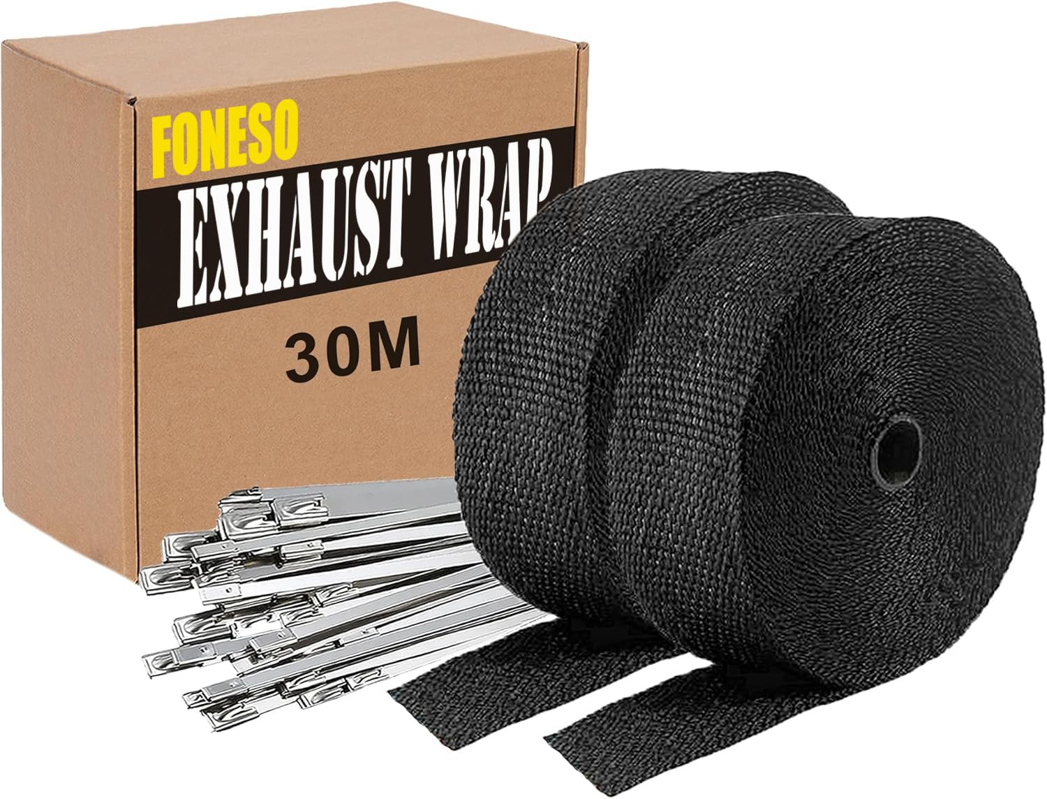 30M Hitzeschutzband Auspuff,Foneso auspuffband,Hitzeschutz Auspuff Bandage,Schwarz Hitzeschutzband mit 24 Kabelbinder Edelstahl,für Motorrad Fächerkrümmer Thermoband Krümmerband von Foneso