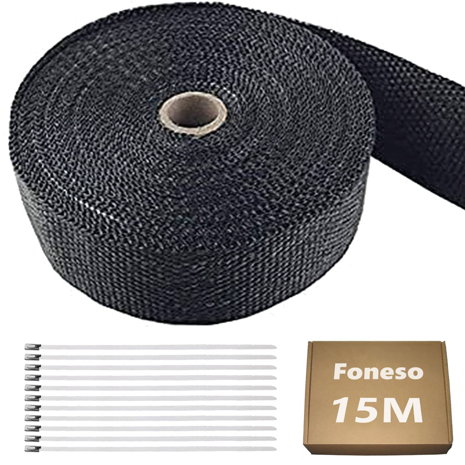 15M Hitzeschutzband Auspuff,Foneso auspuffband,Hitzeschutz Auspuff Bandage,Schwarz Hitzeschutzband mit 12 Kabelbinder Edelstahl,für Motorrad Fächerkrümmer Thermoband Krümmerband von Foneso