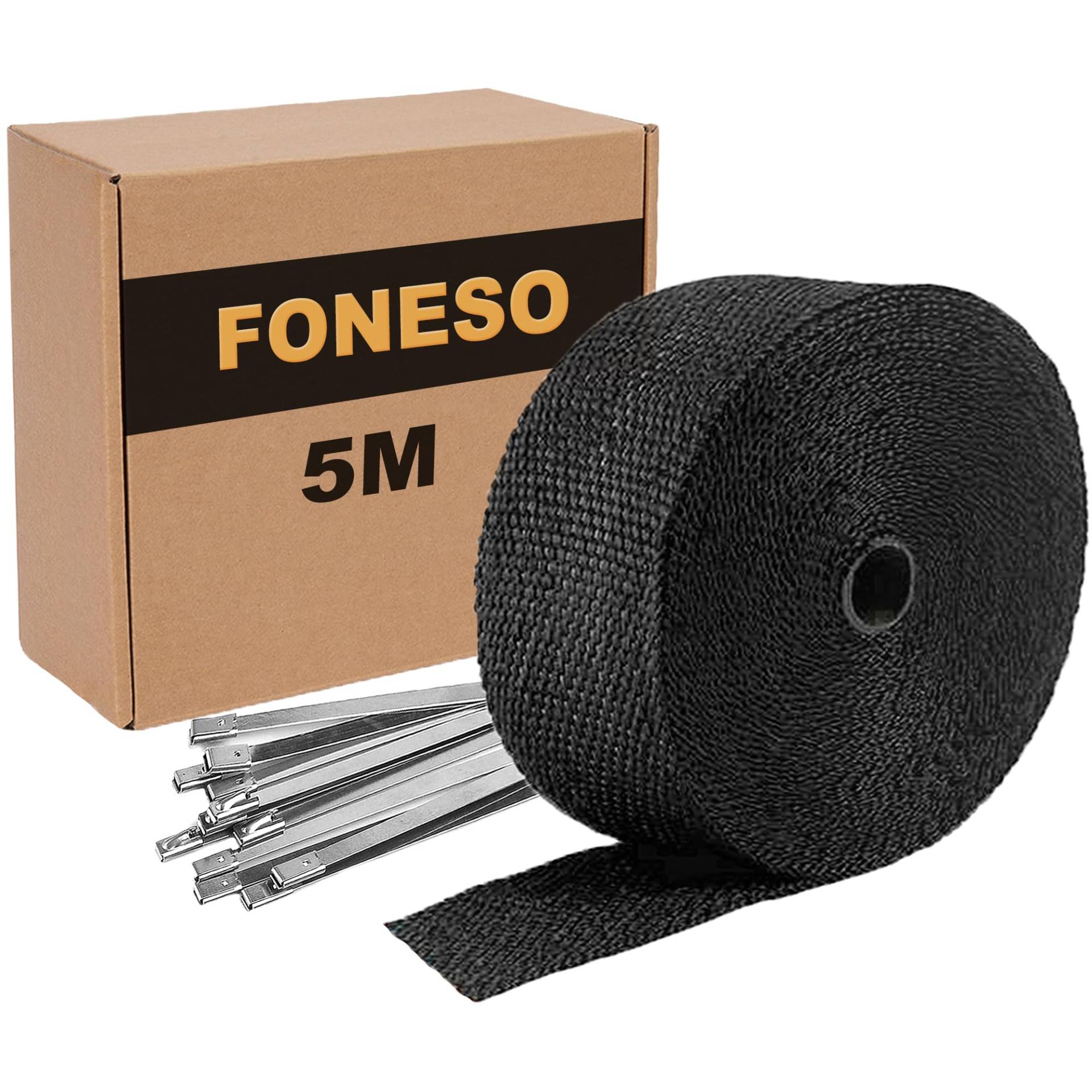 Foneso Hitzeschutzband Auspuff, 5M Schwarz Hitzeschutzband mit 10 Kabelbinder Edelstahl, für Motorrad Fächerkrümmer Thermoband Krümmerband von Foneso