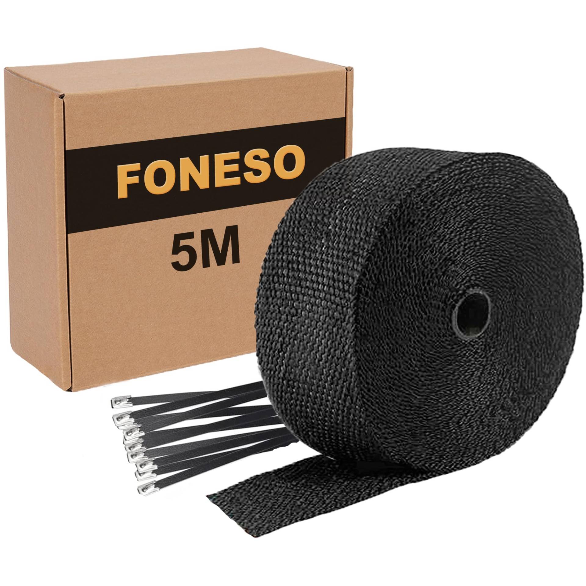 Foneso Hitzeschutzband Schwarz, 5M Hitzeschutzband Auspuff mit 10 Schwarz Edelstahl Kabelbinder, für Motorrad Fächerkrümmer Thermoband Krümmerband von Foneso