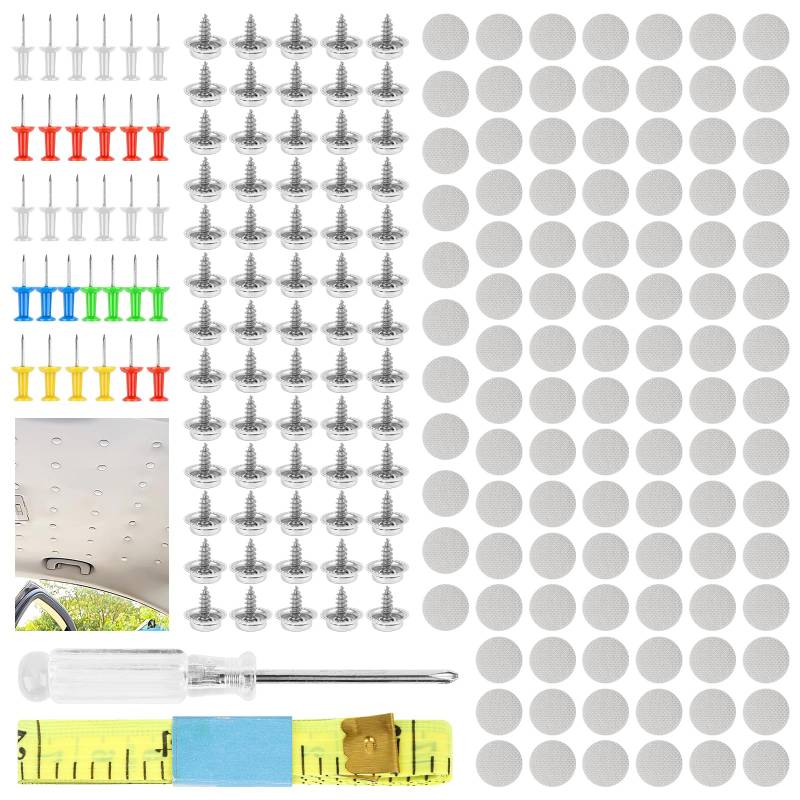100 Stück Dachhimmel Reparatur Set Universal Auto Himmel Reparatur Nieten Auto Himmel Befestigung Set mit Stecknadeln Schraubendreher Maßband für Mehrheit Autos von Fonyet
