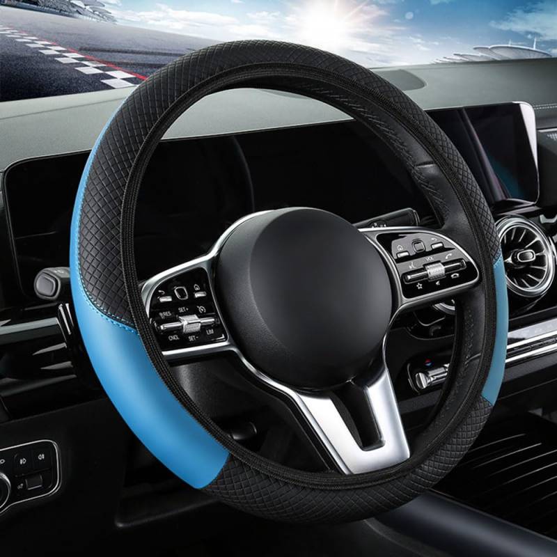 Leder Auto Lenkradhüllen für Skoda Superb Octavia Combi Scout Fabia Rapid Roomster Schweißabsorbierende Atmungsaktive Lenkradabdeckung rutschfest Innenraum Autozubehör, Black Blue Style von ForGue