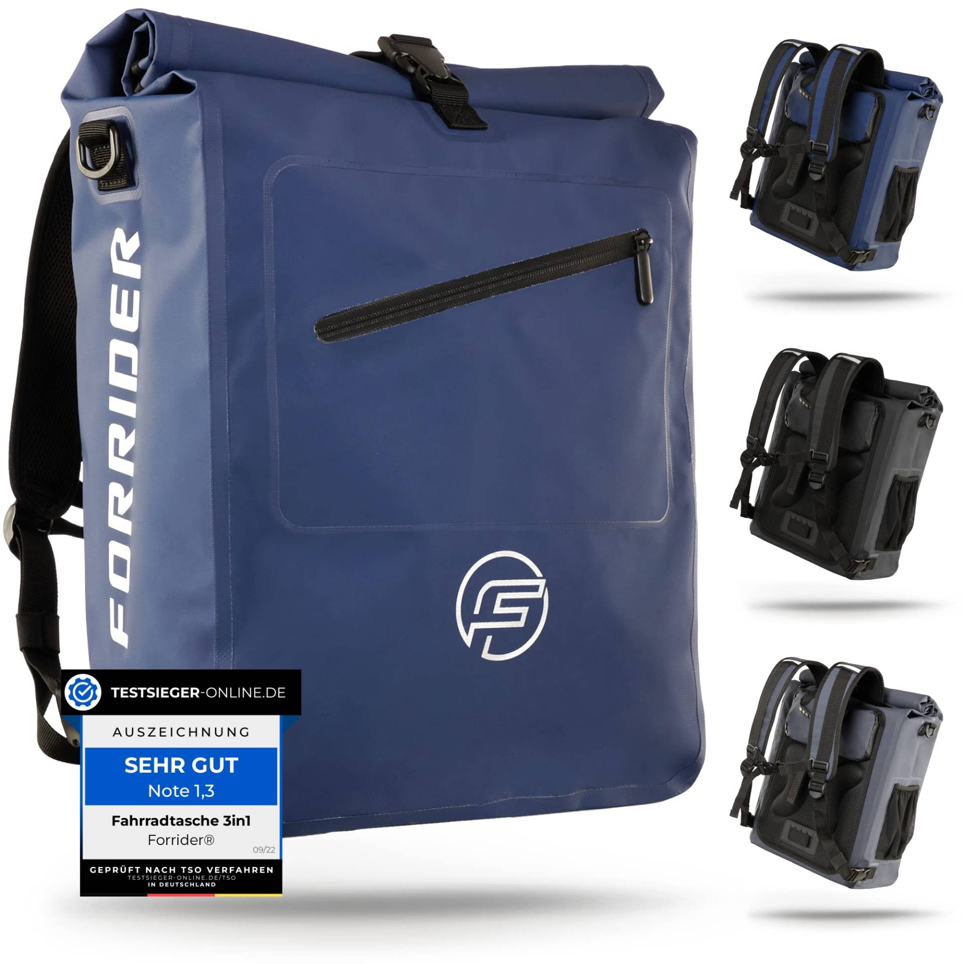 Forrider 3in1 Fahrradtasche für Gepäckträger mit Rucksack Wasserdicht 27L I Gepäckträgertasche Reflektierend I Sattel Tasche fürs Fahrrad von Forrider