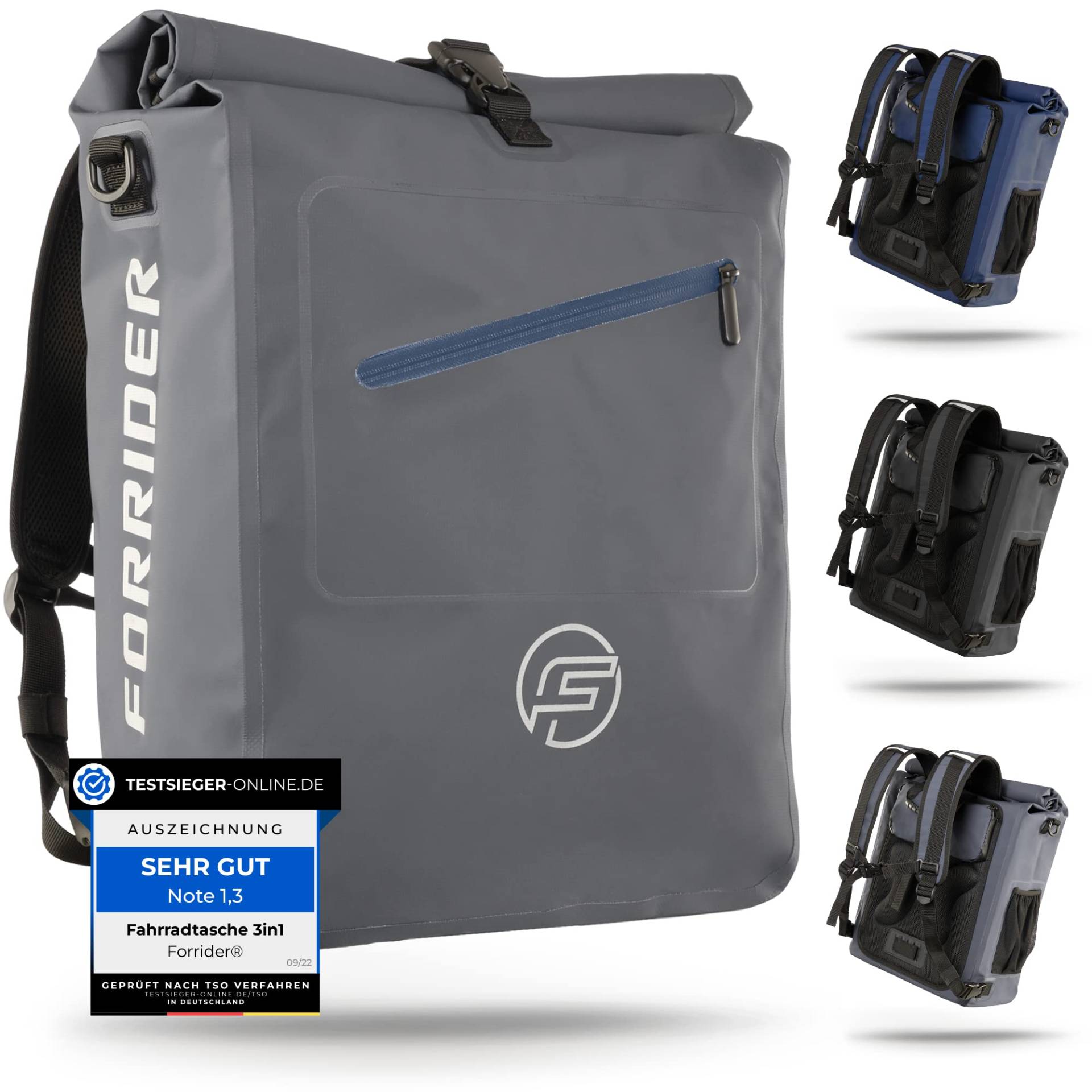 Forrider 3in1 Fahrradtasche für Gepäckträger mit Rucksack Wasserdicht 27L I Gepäckträgertasche Reflektierend I Sattel Tasche fürs Fahrrad von Forrider