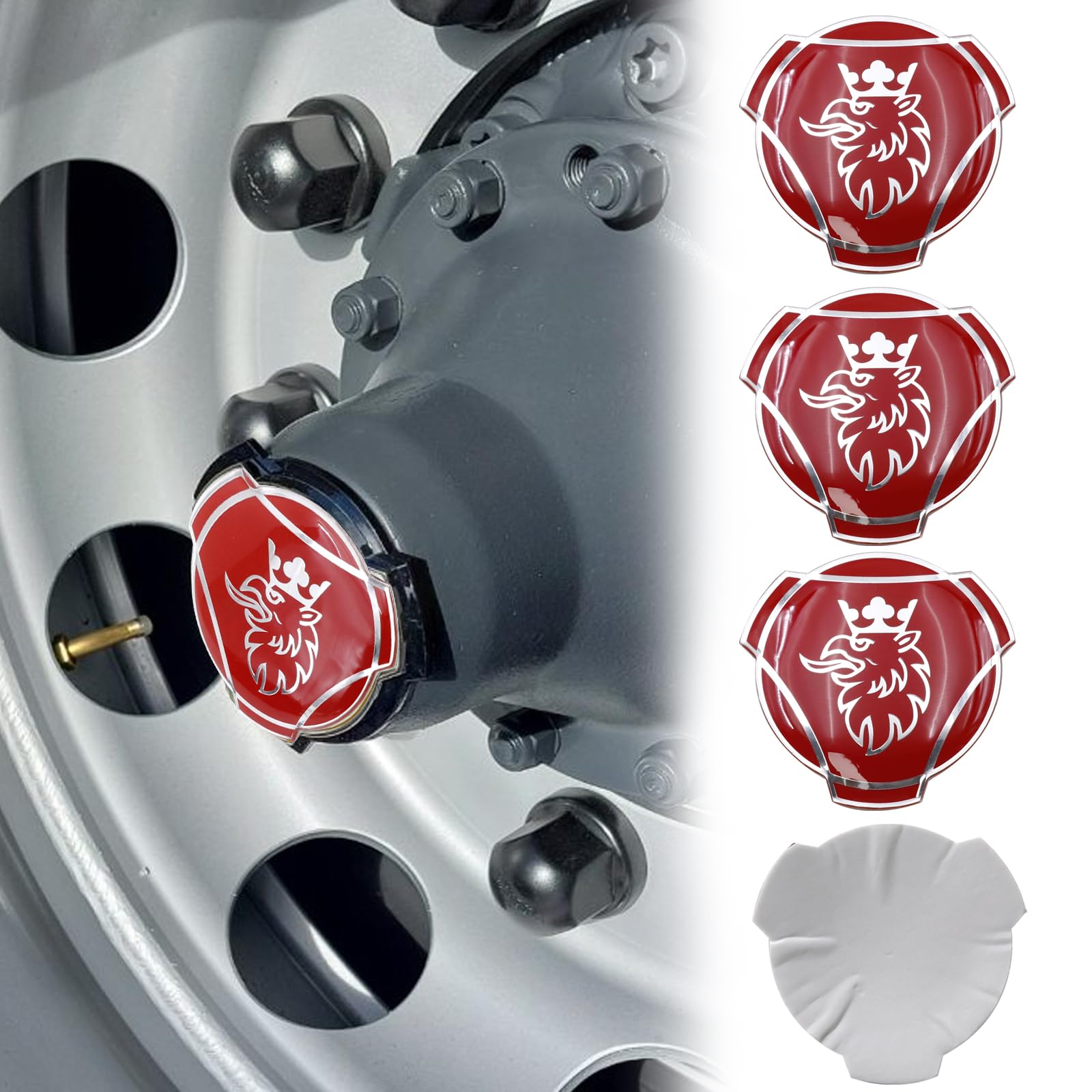 4 Stück Griffin-Aluminium-Aufkleber für Scania LKW-Felgen, Radnabenkappen, Abzeichen, Emblem, Aufkleber (rot und silber) von Forten Kingdom