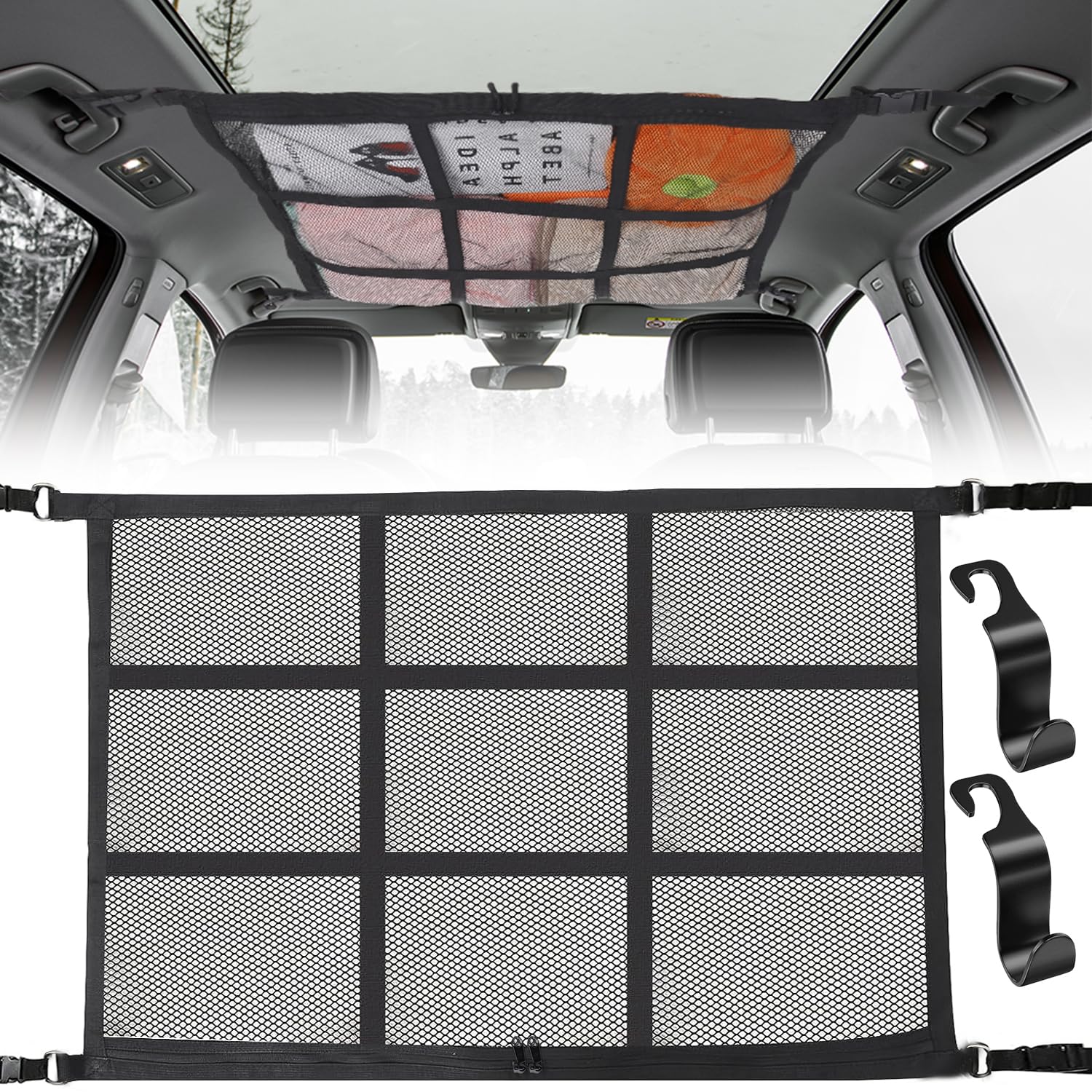 Fosoloni Gepäcknetz Auto,90 x 65 cm Autodach Aufbewahrung Netz,Verstellbare Doppelschicht Dachgepäcknetz,Autonetz Organizer für Vier Dacharmlehnen,SUV,Van.Auto Camping Zubehör für Lange Roadtrips von Fosoloni