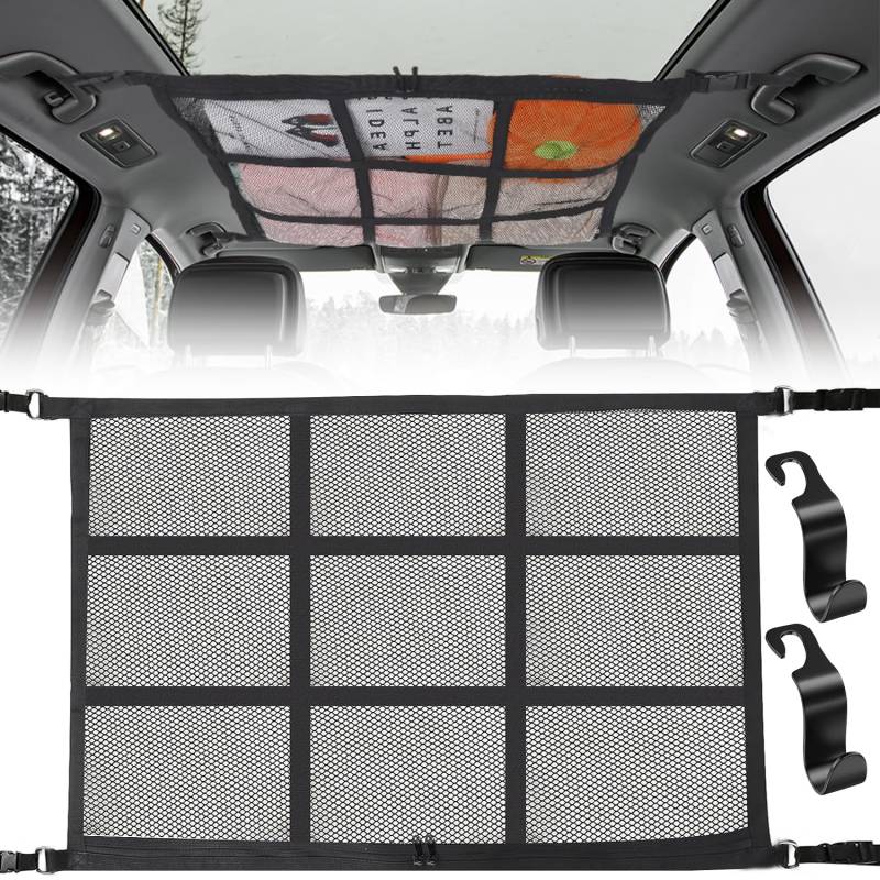 Fosoloni Gepäcknetz Auto,90 x 65 cm Autodach Aufbewahrung Netz,Verstellbare Doppelschicht Dachgepäcknetz,Autonetz Organizer für Vier Dacharmlehnen,SUV,Van.Auto Camping Zubehör für Lange Roadtrips von Fosoloni