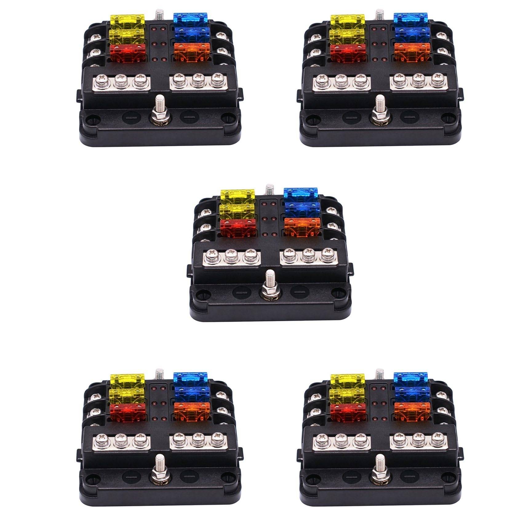 Fossthiroy 5X Wasserdichter 6-Wege Sicherung Block, mit LED Anzeige 12 Strom Kreise mit Negativem Marine Sicherung Kasten für DC 12/24V Auto Boot RV Lastwagen von Fossthiroy