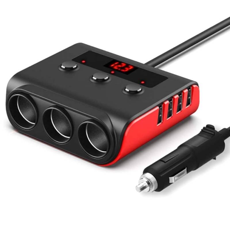 Fossthiroy TR12 Auto-Feuerzeug, Dreifachverdampfer mit Schalter, Spannungsanzeige, 4 USB-Auto-Feuerzeug, 120-W-Ladegerät, Einfach zu Bedienen, Schwarz + Rot von Fossthiroy