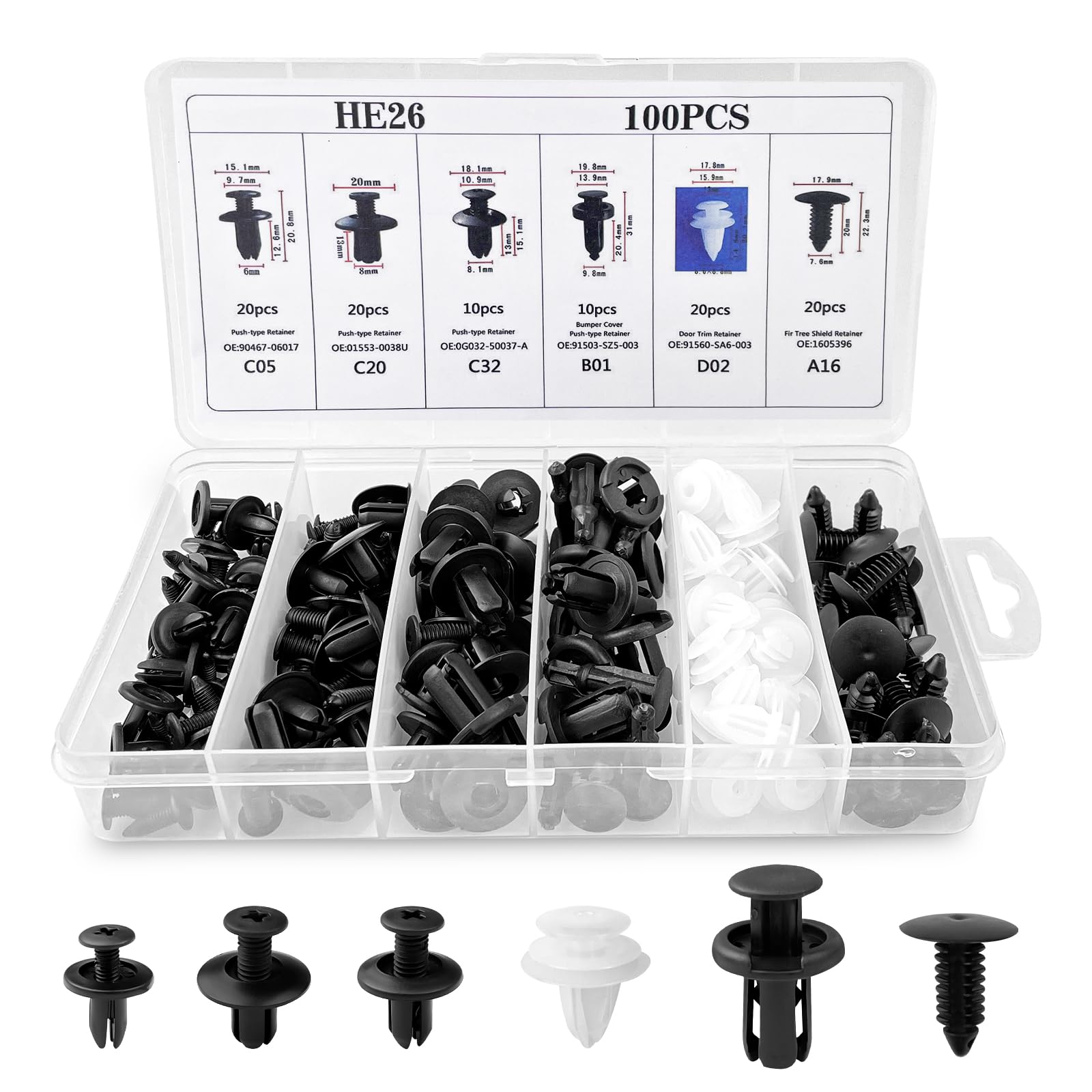 Fousenuk 100 Stück Befestigungsclips, Auto Befestigung Clips Universal, Kfz Clips 6 Arten Türverkleidung Clips Stoßstange Spreiznieten Karosserie Clips Kunststoffniete Befestigungssatz von Fousenuk