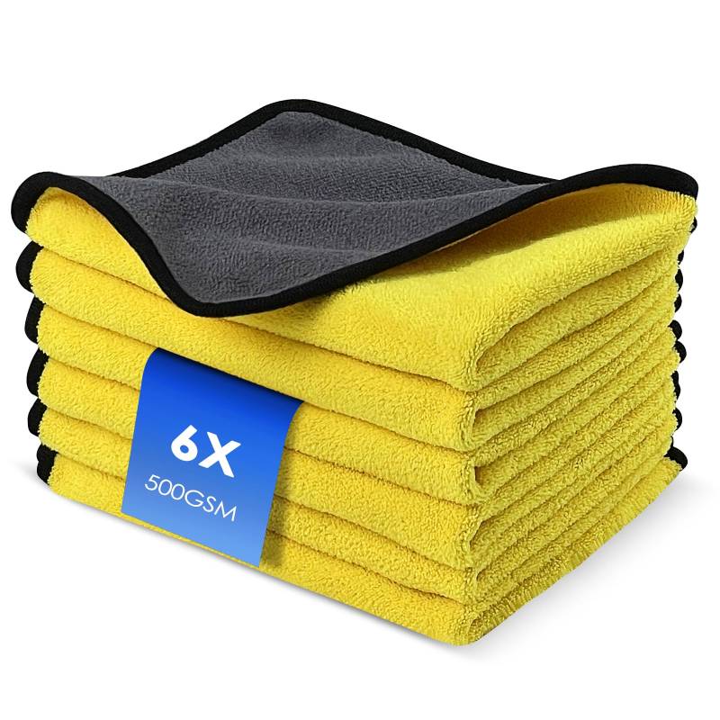 Fousenuk 6X Mikrofasertücher Auto mit 500 GSM, Trockentuch, Microfasertücher Autopflege, Poliertücher, Handtuch Zum Trocknen, Microfiber Towel, Autoputztücher, Lappen, Drying, Trocknungstuch von Fousenuk