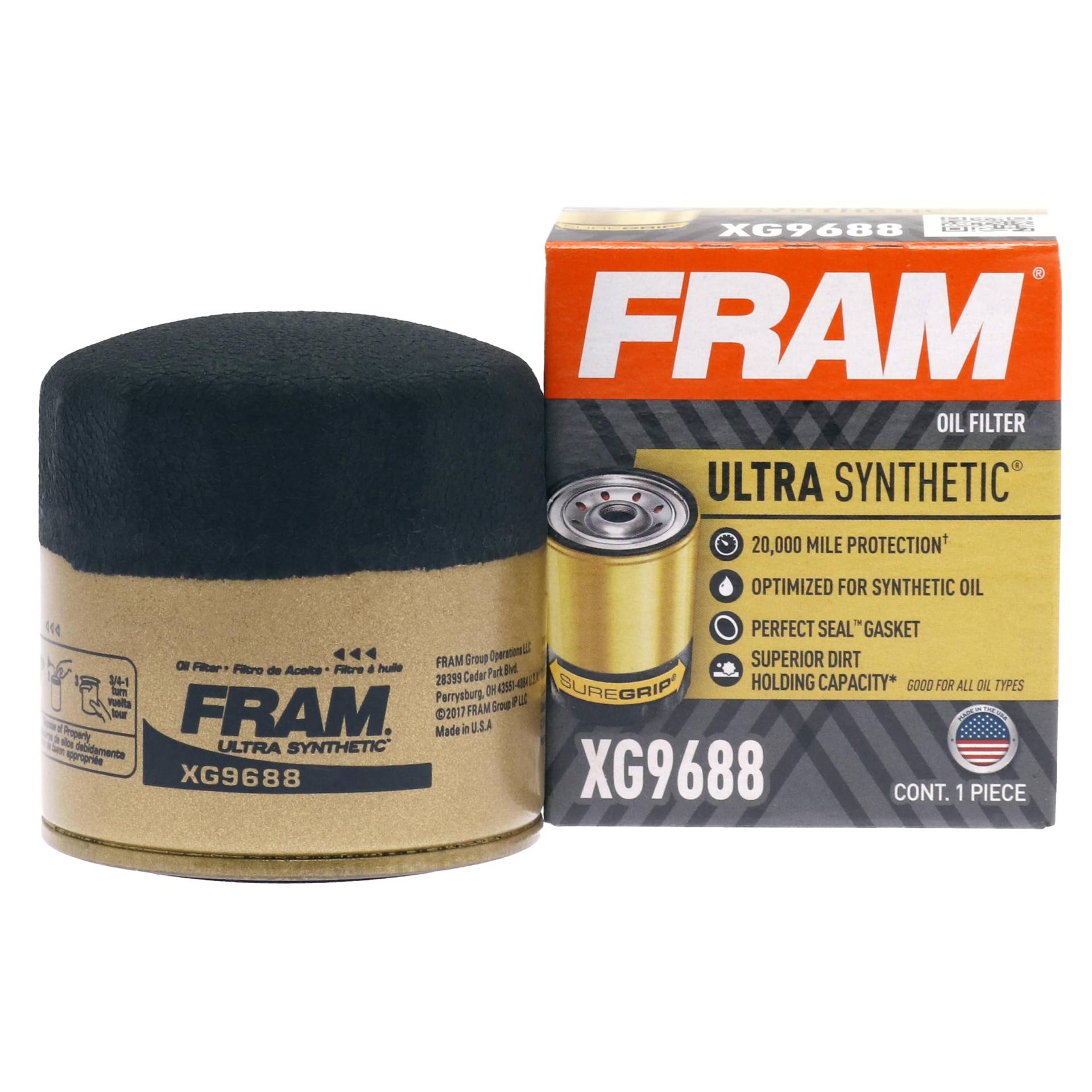 FRAM Ultra Synthetic Automotive Ersatz-Ölfilter, entworfen für synthetische Ölwechsel, hält bis zu 20.000 Meilen, XG9688 mit SureGrip (1 Stück) von Fram