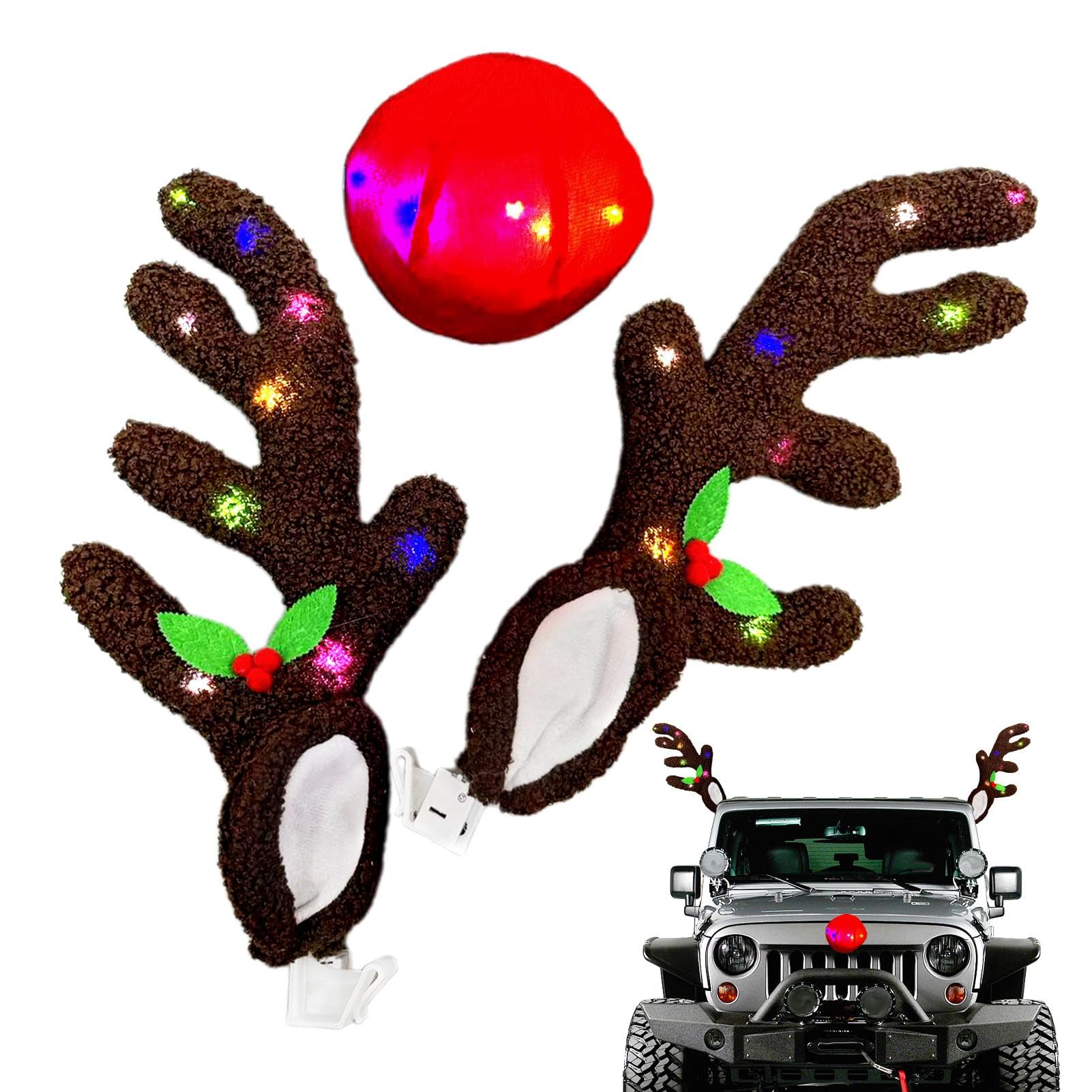 Car Reindeer Antlers and Nose Kit, Light Up Reindeer Antlers with Bright Nose | Festive Holiday Automotive Decoration for Trucks and Cars, Fun Christmas Decor for Family Road Trips von Fravsiu