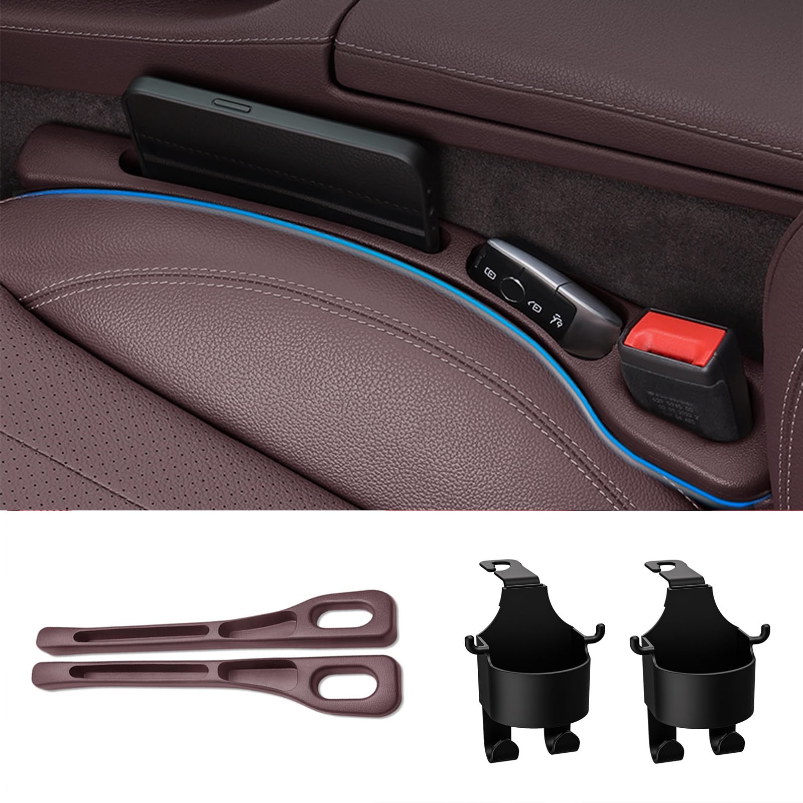 Fredral 2 Stück Autositz Lückenfüller 2 Stück Car Headrest Cup Holder, Universal Autositz Gap Plug Auto Sitzlückenfüller aus Kunstleder für dfür LKW, SUV, Fahrzeuge，Brown von Fredral