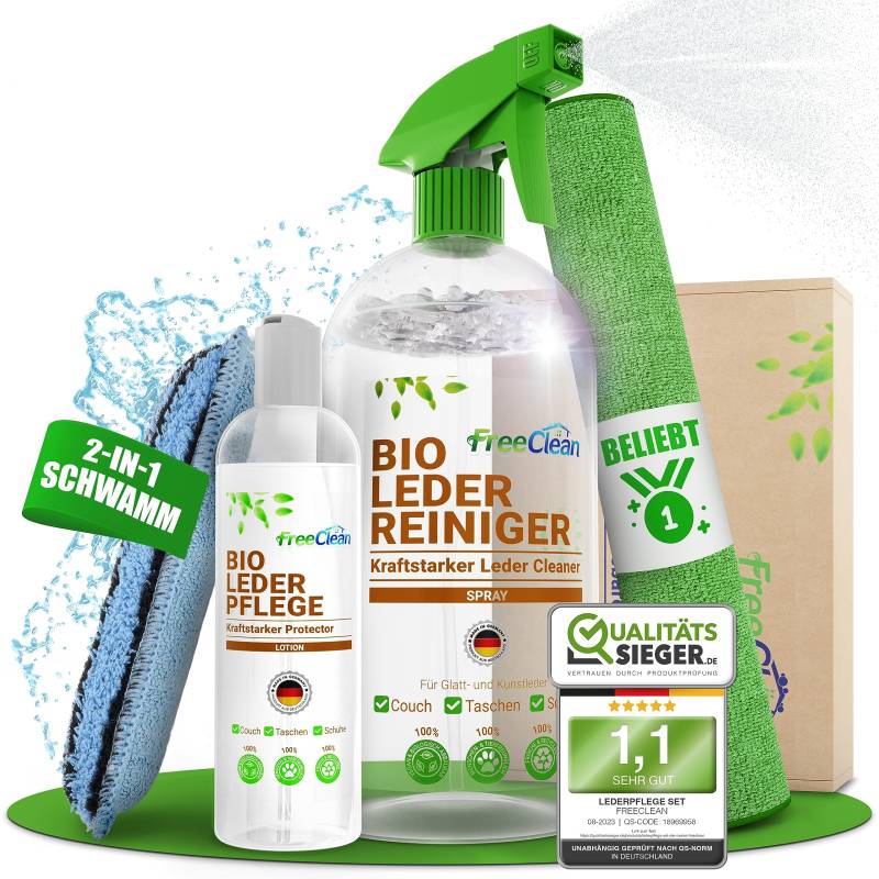 FreeClean NEU Bio Lederpflege für Ledercouch Set [EXTRA STARK OHNE Chemie] Lederreiniger 500ml, Lederlotion 250ml, Schwamm, Tuch - Leder Protector für Lederpflege Sofa, Tasche, Jacke etc - Made in DE von FreeClean