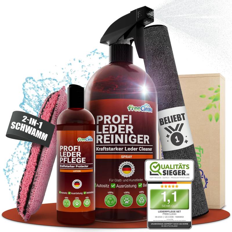 FreeClean NEU Profi Auto Lederpflege Set [EXTRA STARK OHNE Chemie] Lederreiniger 500ml, Lederlotion 250ml, Schwamm, Tuch - Leder Protector für Lederpflege Auto, Sattel, Jacke etc - Made in DE von FreeClean