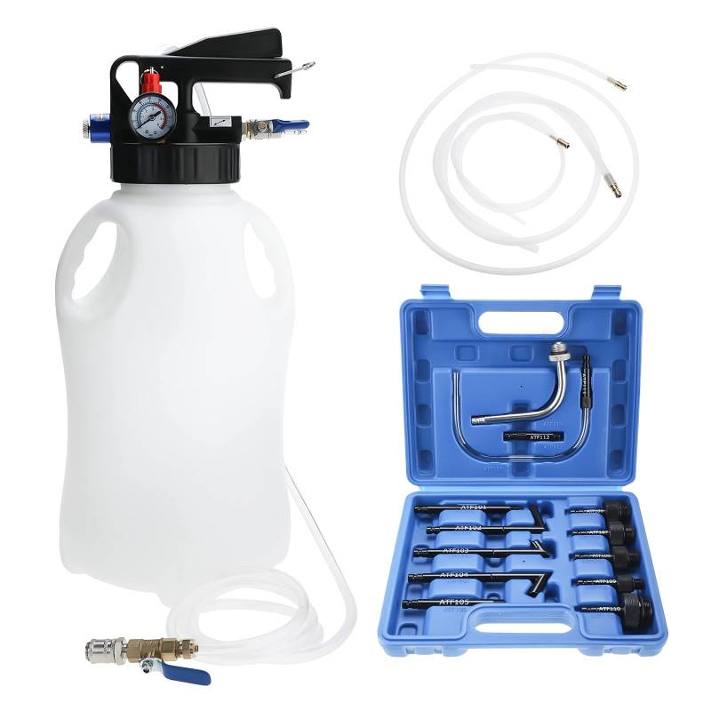 FreeTec Öl und Flüssigkeit Extraktor Pneumatische Getriebeölpumpe Öleinfüllgerät, mit 14-teilig ATF Adaptersatz (10 Liter) von FreeTec