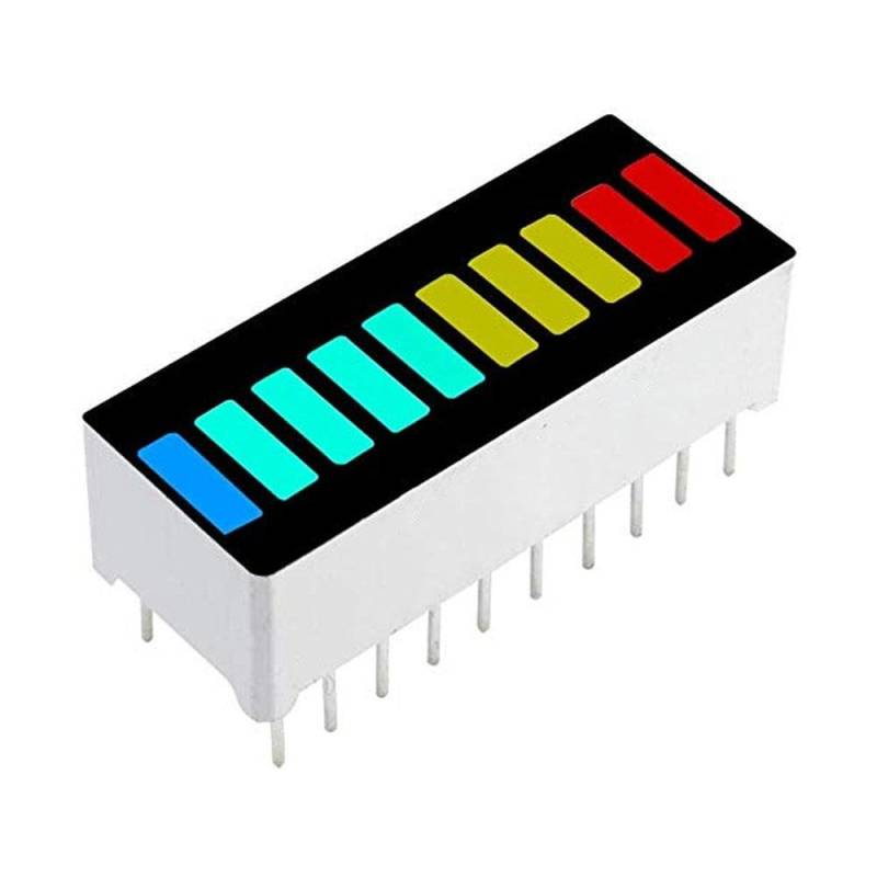 10 Segment LED Bargraph Anzeige, 10 Balken, 1x rot / 3x gelb / 4x grün / 1x blau von Frei