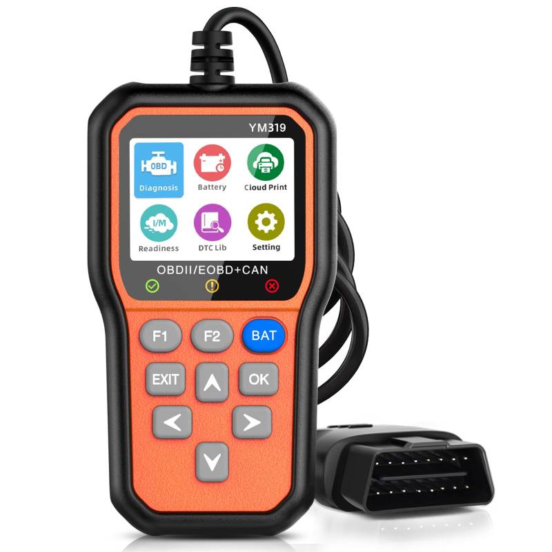 OBD2 Diagnosegerät Scanner YM319 Unterstützt Cloud-Druck & Farbdisplay Codeleser, Einfache Einrichtung, Klare Motorfehlerleuchte, Live Daten, Standbild, Liest Spannung/Lebensdauer, 2024 (Orange) von Fresum