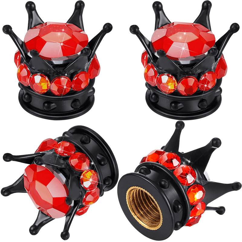 4 Stücke Bling Bling Ventilkappen Handgefertigte Kristall Strass Krone Fahrzeug Autoreifen Kappen Abdeckungen Chrom, Attraktives Staubdichtes Zubehör für Auto (Schwarz) (Red and Black) von Frienda