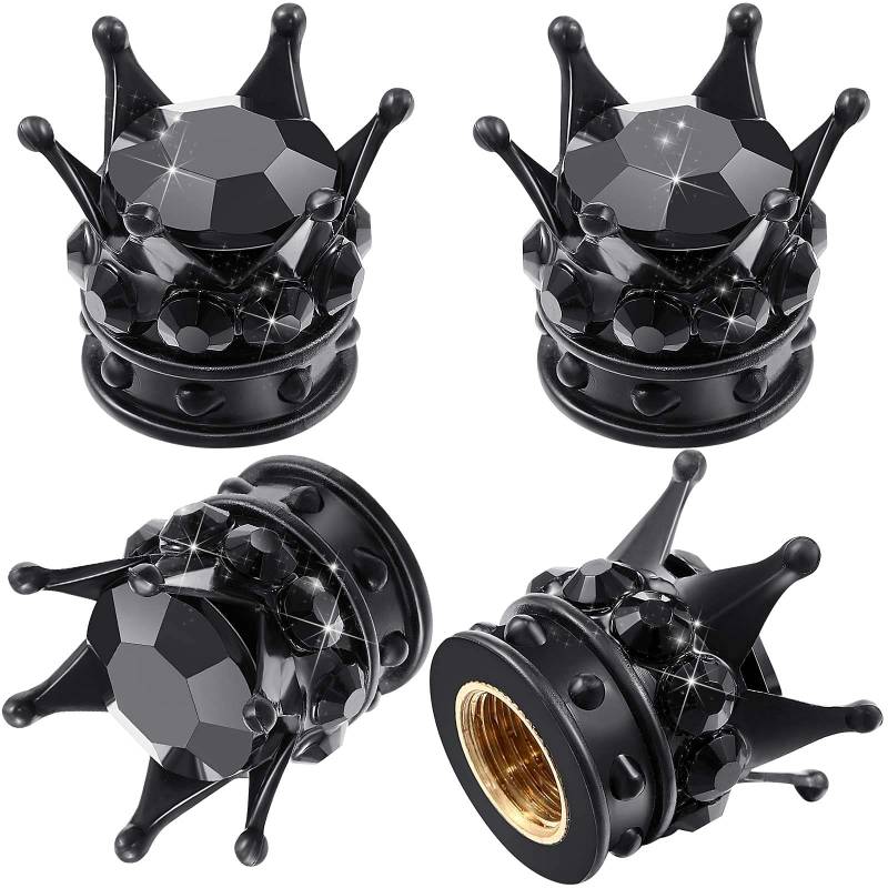 4 Stücke Bling Bling Ventilkappen Handgefertigte Kristall Strass Krone Fahrzeug Autoreifen Kappen Abdeckungen Chrom, Attraktives Staubdichtes Zubehör für Auto (Schwarz) (Black) von Frienda