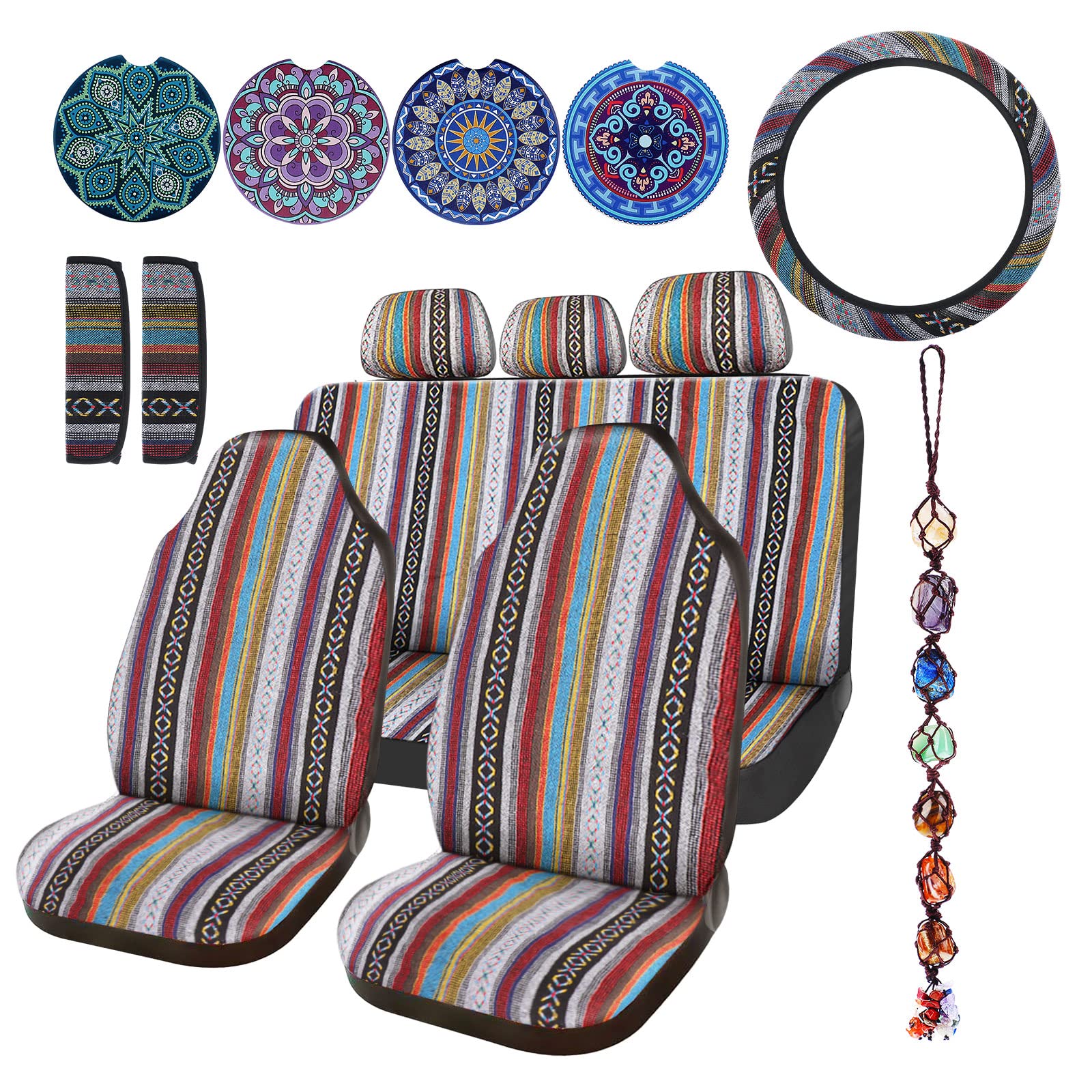 Frienda Baja Autositzbezüge, komplettes Set, Mehrfarbig, gestreift, Boho-Druck, Lenkradbezug, Sicherheitsgurtbezug, Kristall, hängende Ornamente, Autohalterungen, passend für Streifen-Stil, 14-teilig von Frienda