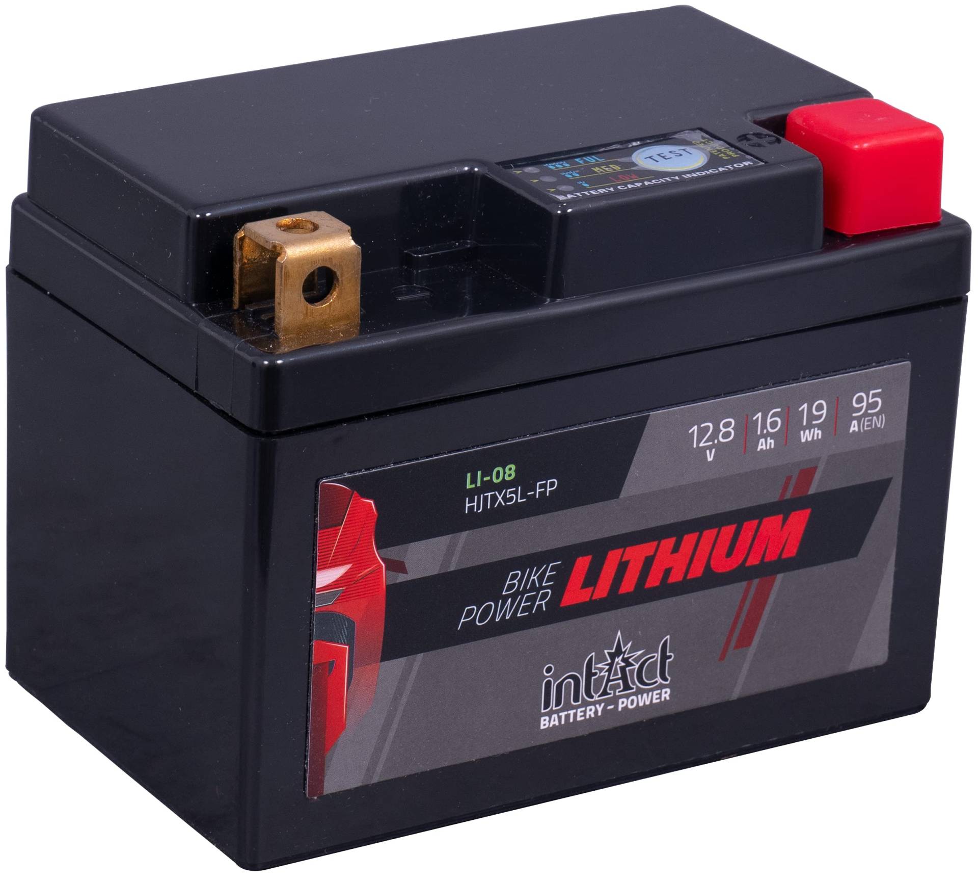 intAct - LITHIUM MOTORRADBATTERIE | Batterie für Roller, Motorrad uvm. Bis zu 75% Gewichtseinsparung | Bike-Power LI-08, HJTX5L-FP, 12,8V Batterie, 1,6AH (c10), 19Wh, 95A (CCA) | Maße: 113x70x85mm von Intact