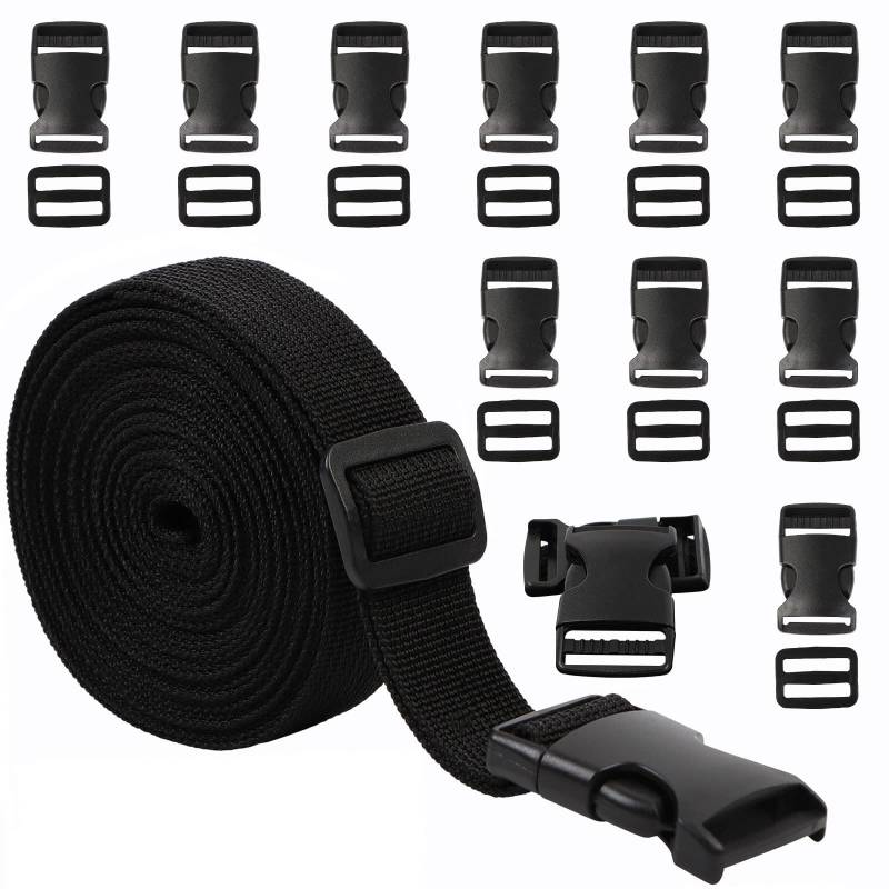 5M Nylon Gurtband,2,5 cm strapazierfähiges Gurtband,mit 10 Paar Schnallen,Side Release Schnallen Clips,Strapazierfähiges Gurtband und Side Release Schnallen Clips für DIY Handwerk Rucksack von Frogetu