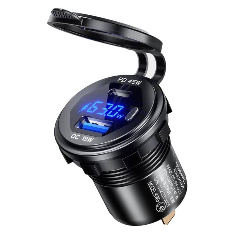 Fuhjythy Metall-Schnellladung 3.0 und PD Typ C45W USB18W Autoladegerät-Buchse USB-Motorrad-Buchse Steckdose Laden Einfache Installation Einfach zu Verwenden von Fuhjythy