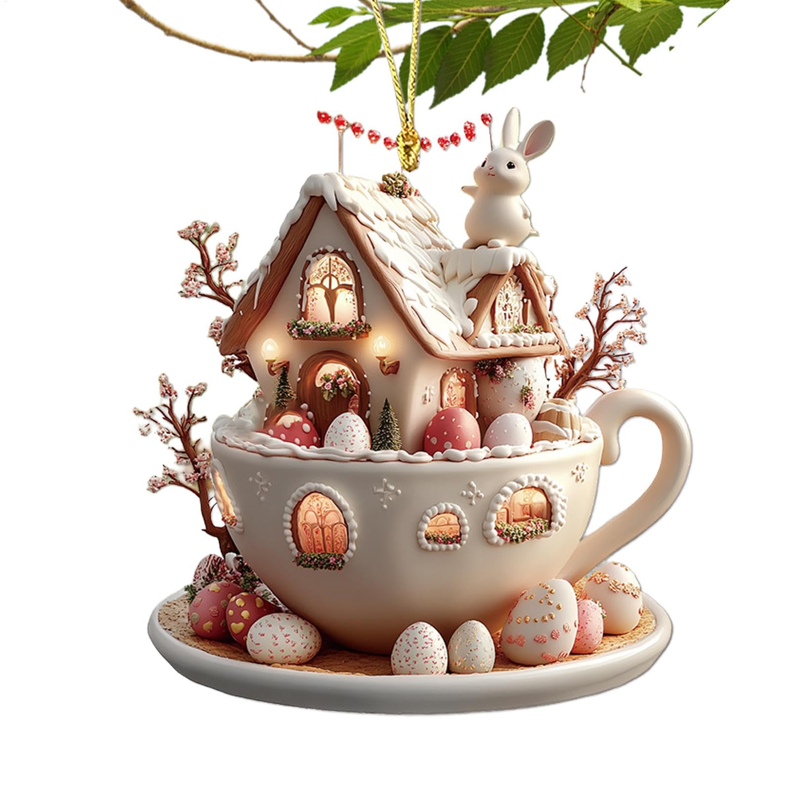 Fukamou Ostern-Auto-Rückspiegel-Ornamente, Kaffeetassen-Haus-Osterei-Dekoration Zum Aufhängen - Osterschmuck Für -Baumschmuck - Flaches 2D-Acryl-Osterdekor Zum Aufhängen Für Die Rückansicht Des Autos von Fukamou