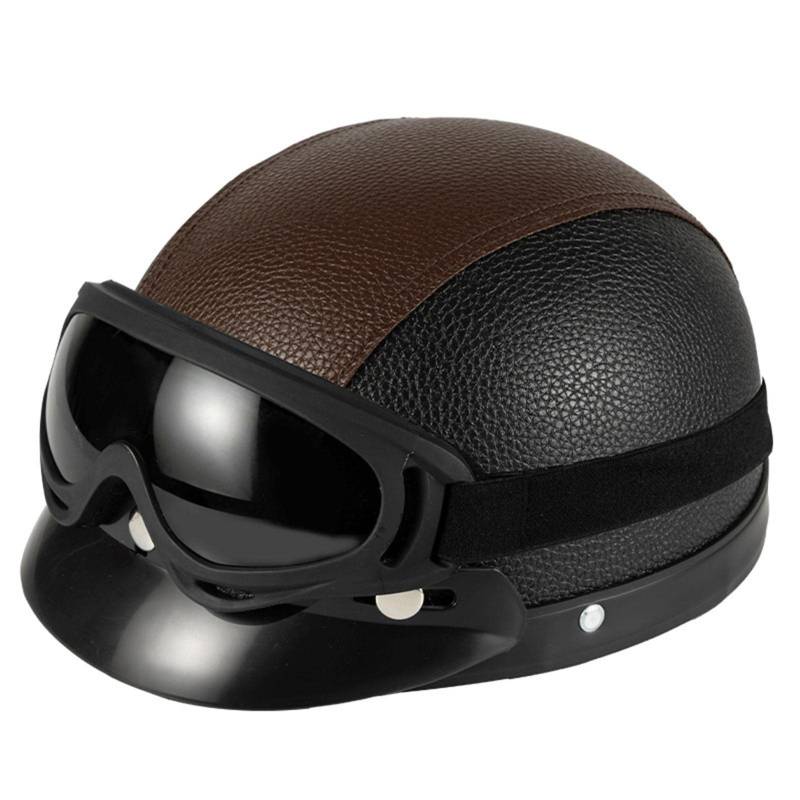 Motorradhelm Mit Schutzbrille, Vintage Helme, Verstellbarer Halbschalenhelm, Leichter Touren Fahrradhelm Für Damen & Herren, 28 X 16 cm (Material: ABS+PU) von Fukamou