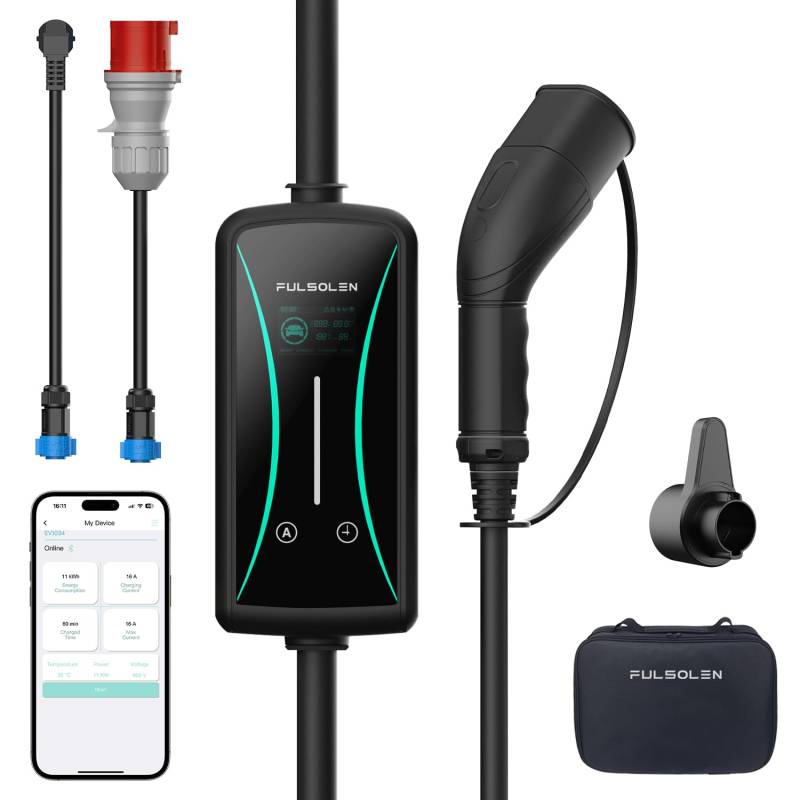 Fulsolen EV Ladegerät Smart APP mit 11kw 16A Keruida Typ 2 Ladekabel 6M mit CEE-Stecker & Schuko Adapter Mobile Wallbox Elektroauto Hybrid & E-Auto Tragbares EVSE für Elektrofahrzeug 3 Phasig von Fulsolen