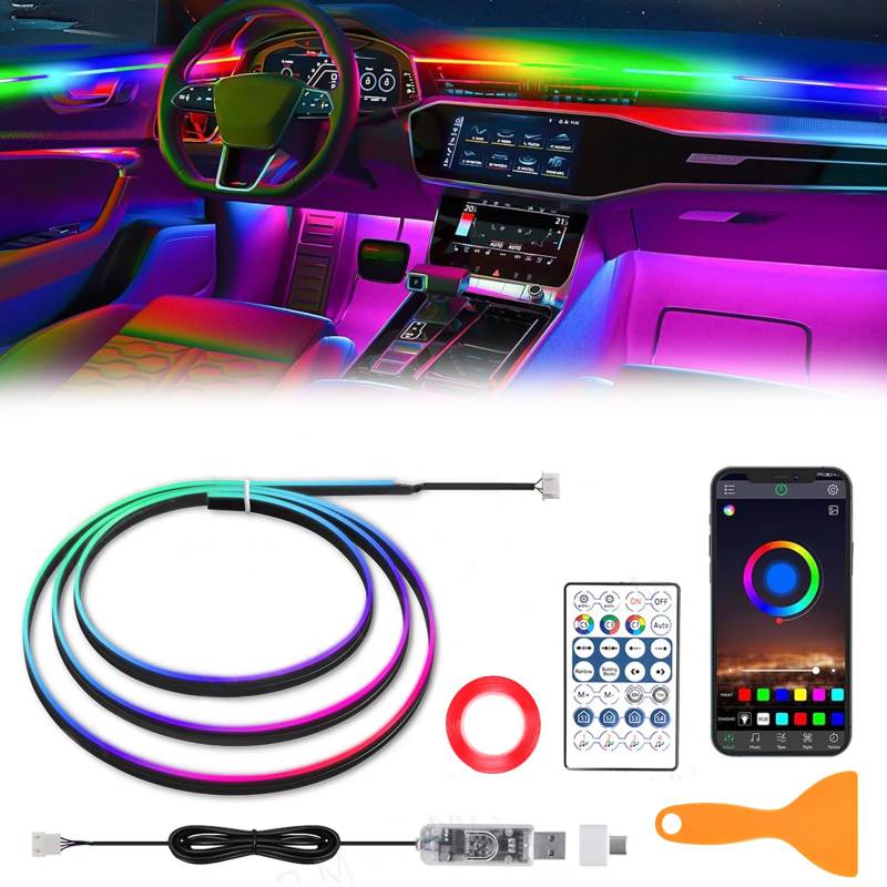 Acryl Auto LED Innenbeleuchtung, 110cm Innenbeleuchtung Auto Lichtbänder 64 Farben Bunte Acryl Faseroptikstreifen mit APP Steuerung und Fernbedienung, Auto Ambientebeleuchtung für Männer Frauen von Funmo