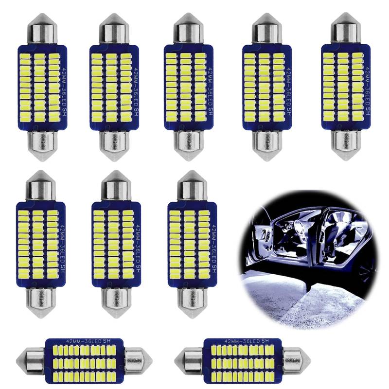 Auto LED Innenbeleuchtung, 10 Stück 41MM Auto Innen Beleuchtung, 12V 2W LED Auto Innenraumbeleuchtung Plug and Play Auto Innenraum Leselampe Quelle, Weiß Licht von Funmo