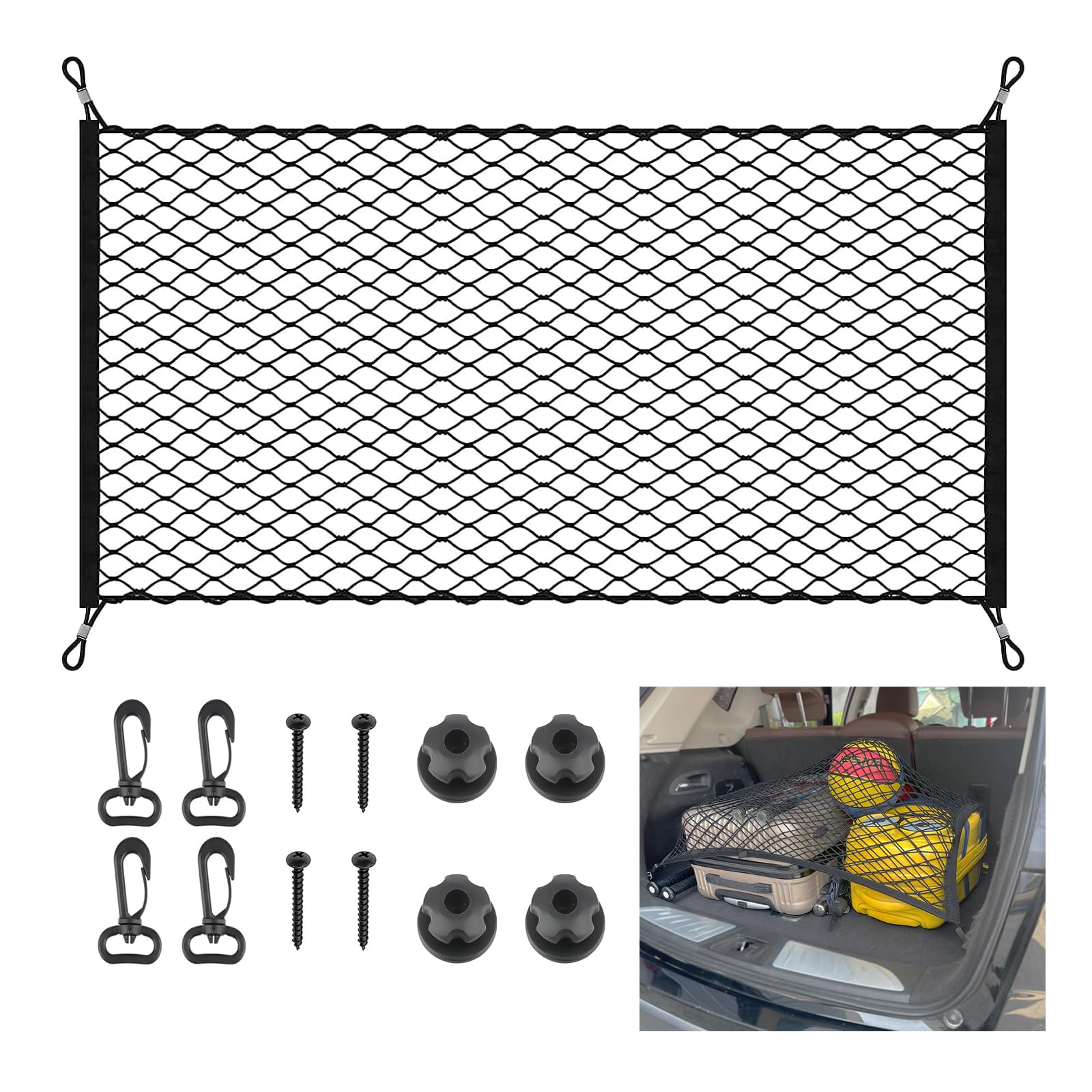 Funmo Kofferraumnetz Gepäcknetz 110x60cm Aufbewahrung Gepäcknetz Organizer Netz Mit 4 Stahlkarabiner+4 ABS Haken, Elastischer Rand hält Lasten Fester für Kofferraum Autodach Gepäcknetz von Funmo