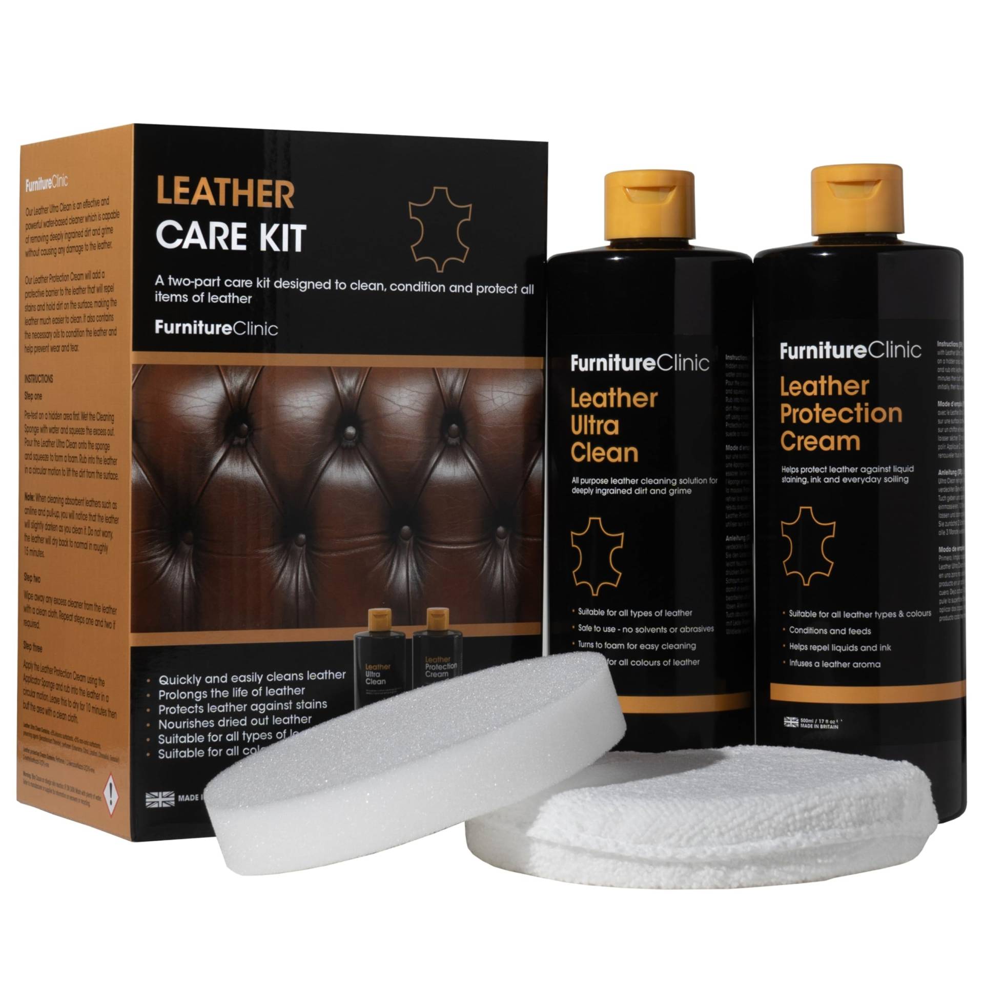 Furniture Clinic - Komplettes Lederpflege-Set | Lederreiniger & Schutzcreme für Sofas, Autos, Möbel | Das Premium Set ist mit einem Lederduft angereichert und enthält je 500ml Reiniger & Conditioner von Furniture Clinic