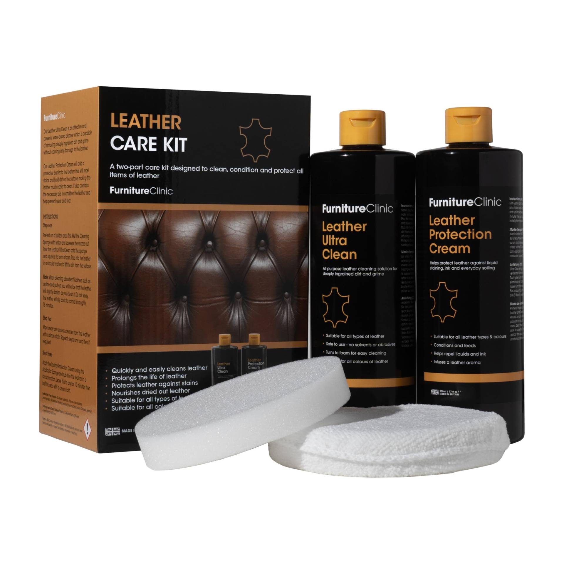 Furniture Clinic - Komplettes Lederpflege-Set | Lederreiniger & Schutzcreme für Sofas, Autos, Möbel | Das Premium Set ist mit einem Lederduft angereichert und enthält je 500ml Reiniger & Conditioner von Furniture Clinic