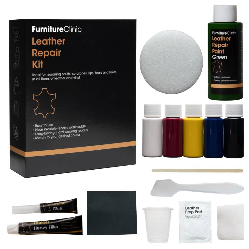 Komplettes Leder-Reparatur-Set zum Füllen und Färben von Beschädigungen - 12 Farben, passen zu jedem Farbton - Grün von Furniture Clinic