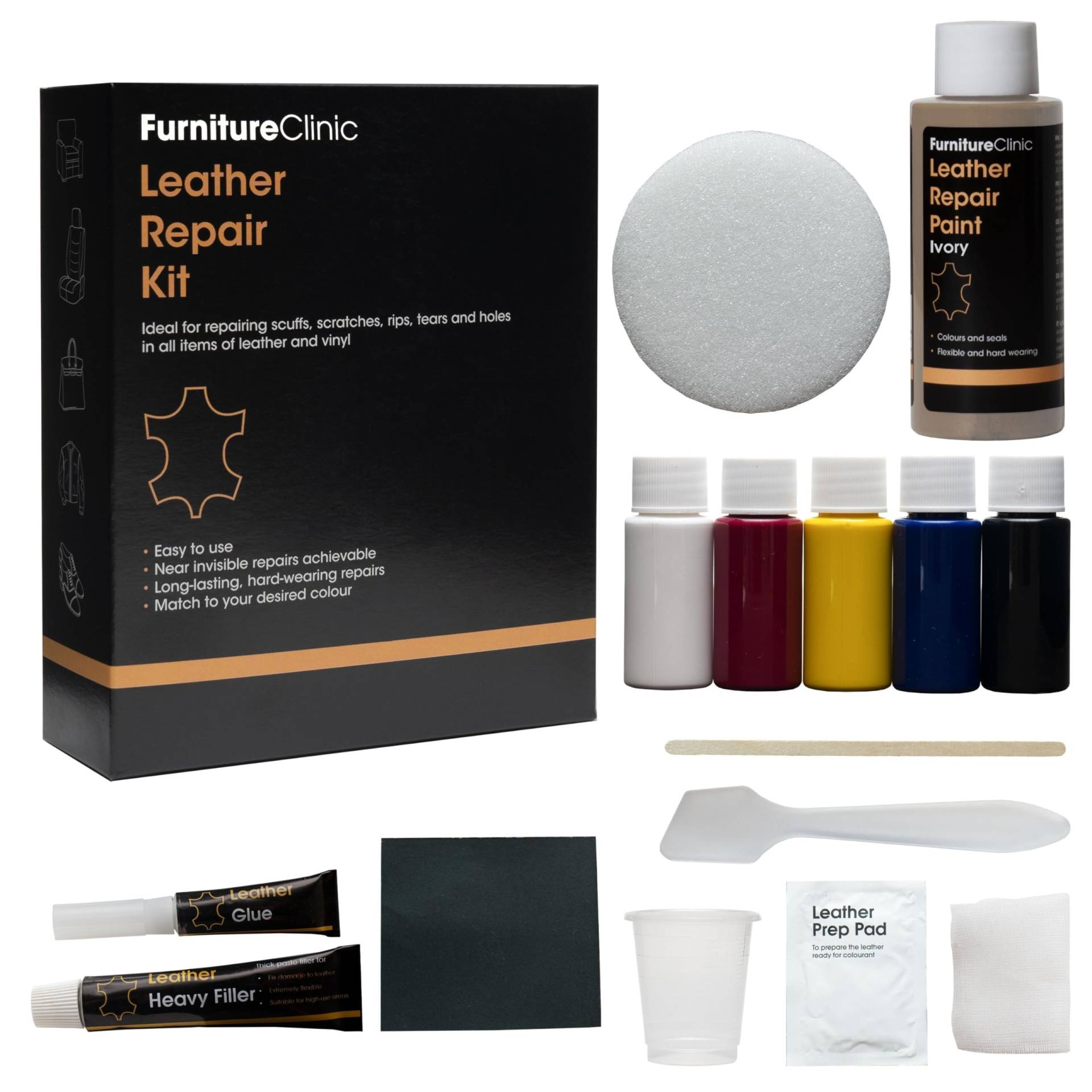 Komplettes Leder-Reparatur-Set zum Füllen und Färben von Beschdigungen - 12 Farben, passen zu jedem Farbton - Elfenbein von Furniture Clinic