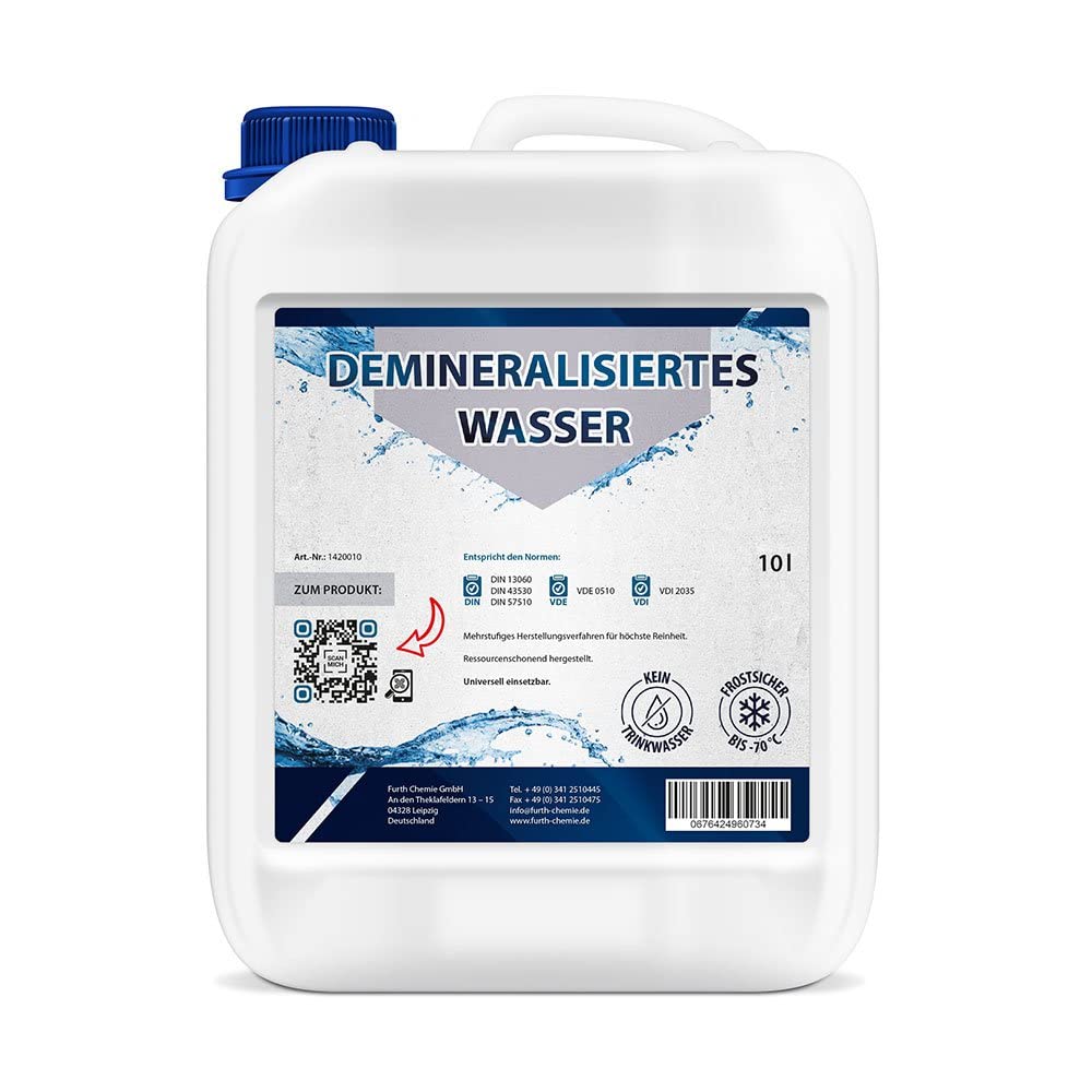 Furth Chemie 10l destilliertes Wasser | demineralisiertes Wasser (VE Wasser): Für Bügeleisen, Aquarium, Reinigung, Kosmetik, Seifenherstellung, Autokühler und Luftbefeuchter von Furthchemie