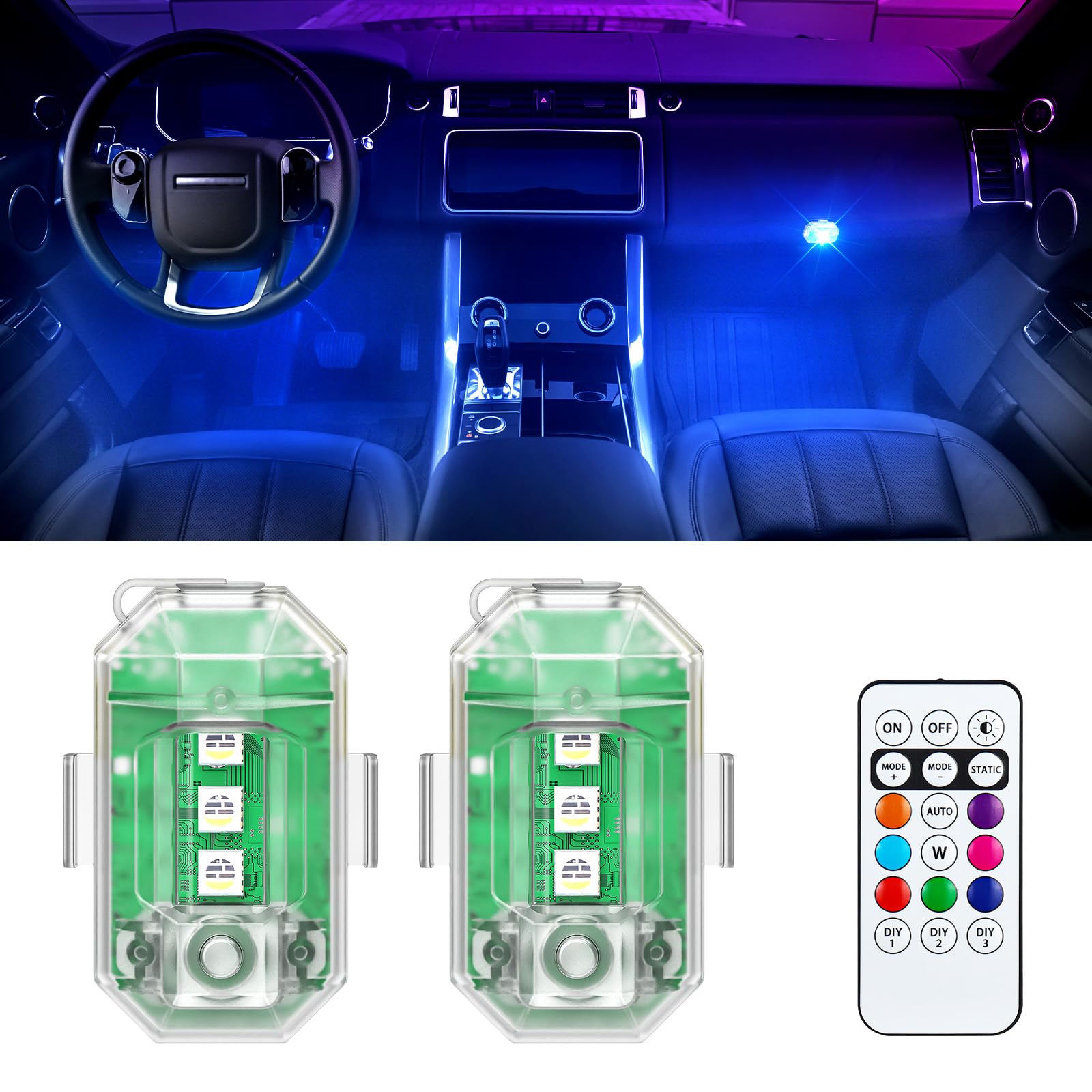 Fxlpower 2PCS Kabellose LED Auto Ohne Kabel, 8 Farben Drahtloses Auto LED-Blitzlichter Akku mit Fernbedienung für Auto von Fxlpower