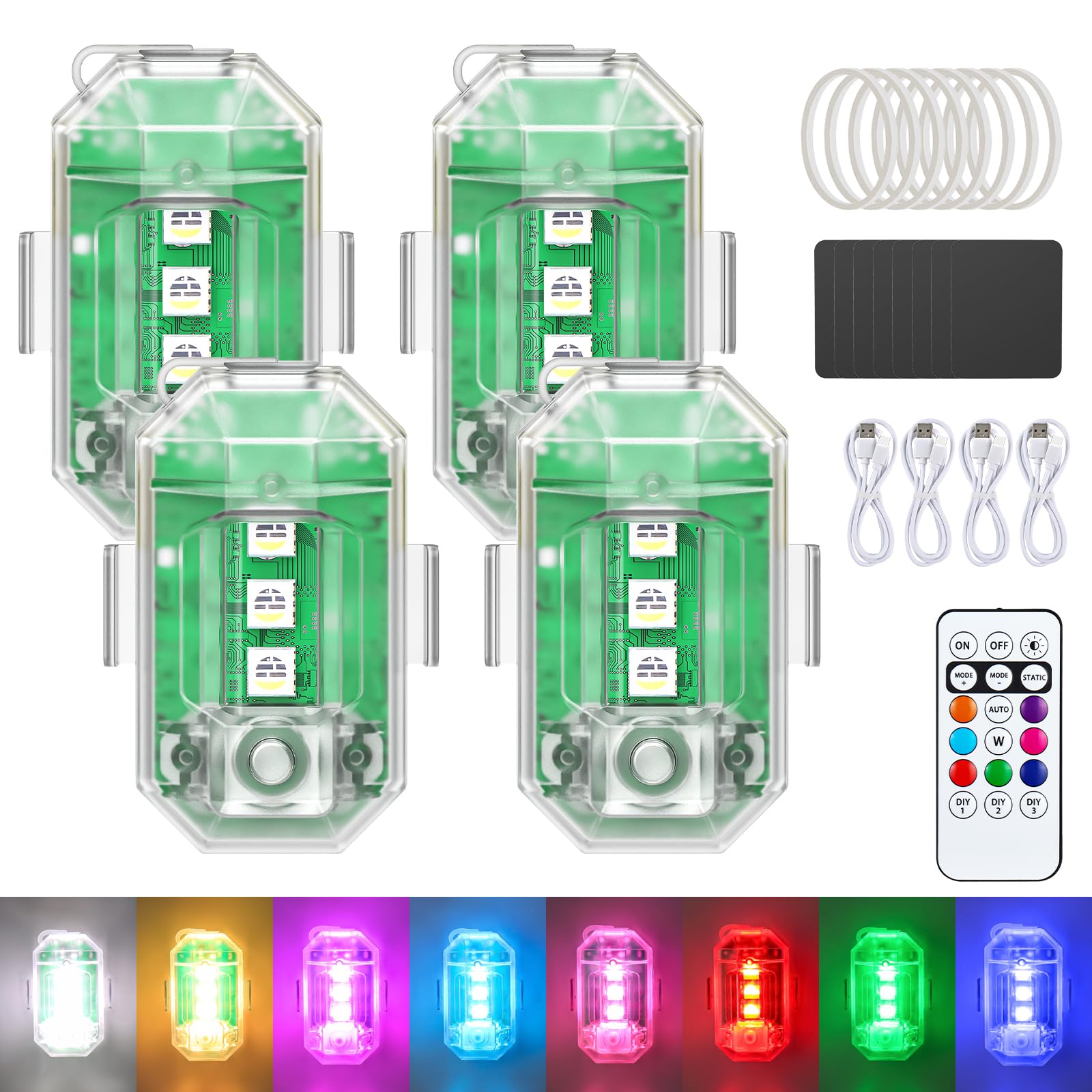 Fxlpower 4 Stück Drahtloses Auto LED-Blitzlichter Akku mit Fernbedienung, 8 Farben Hochhelle Blitzleuchte für Auto, Drohne, LKW, Motorrad, Fahrrad von Fxlpower