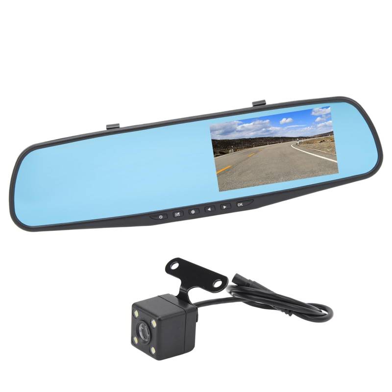 4,3-Zoll-Spiegel-Dashcam, 1080P HD-Dual-Lens-Dashcam-Rückfahrkamera, Parken, Intelligente Rückspiegelkamera (Mit 16g Speicherkarte) von Fydun
