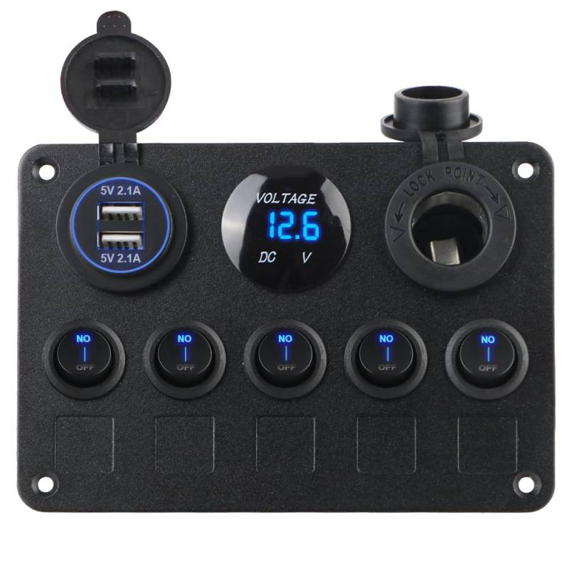 Fyuasto Wasserdichte Digital Voltmeter Dual USB Port 5 Gang 12V Steckdose Kombination Marine LED Wippe Auto Schalter Panel Boot Schalter Panel von Fyuasto