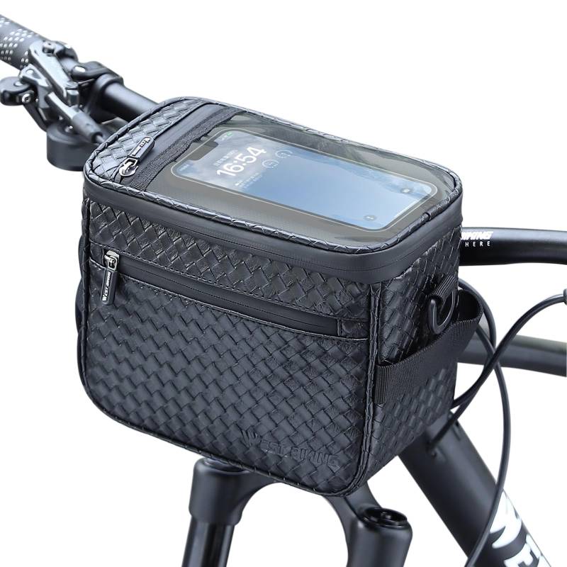 G-raphy 4.5 L Lenkertasche wasserdichte Kleine Fahrradlenkertasche PU-Leder Kompakte Kameratasche Fahrradvorderrahmentasche isolierte Lunchbox Schultertasche (Schwarz-Gewebtes) von G-raphy