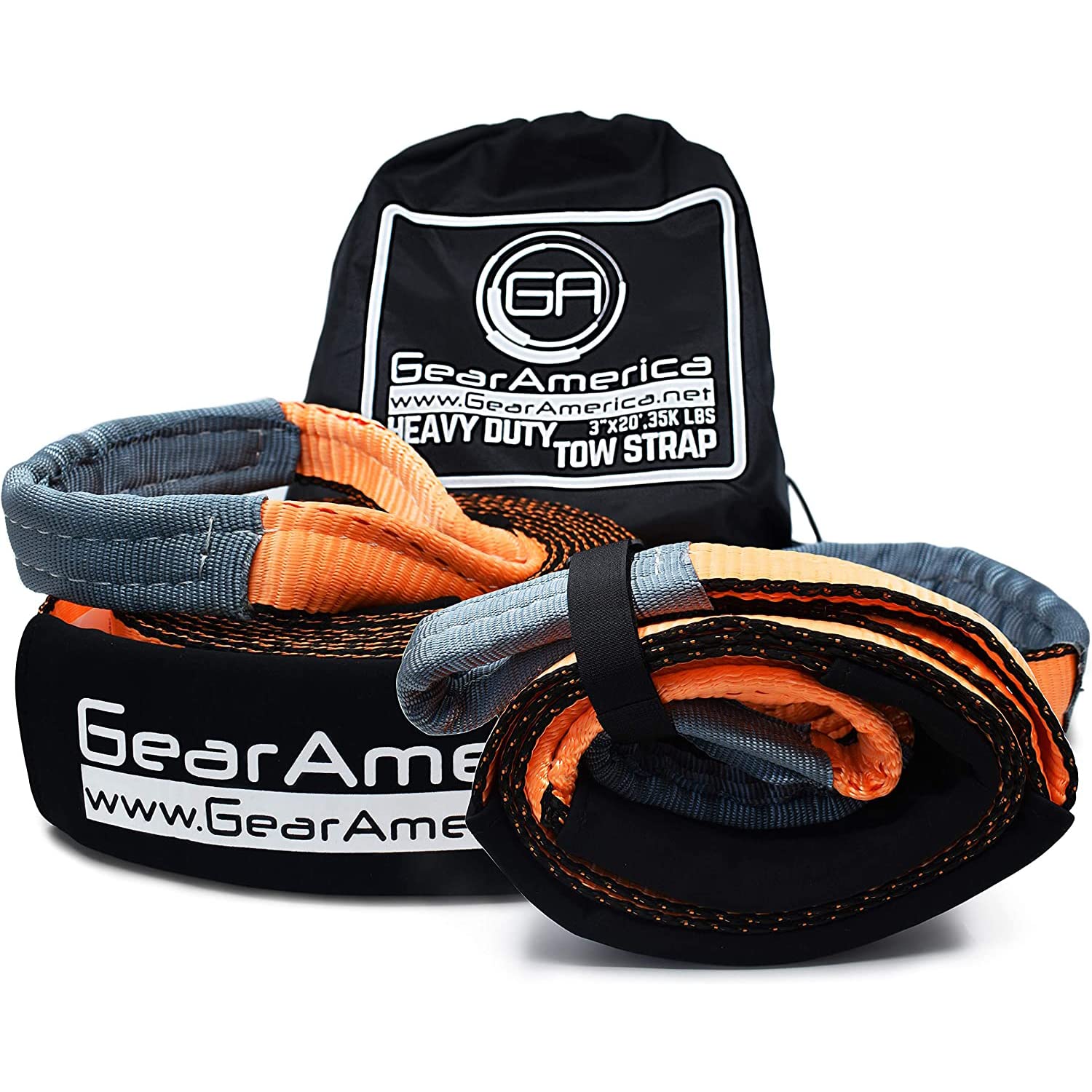 GearAmerica(Bundle) Tow Strap 3" X20'+Baum Saver Winch StrapHeavy Duty Labor getestet 35.054 Lb Stärke Off-Road Abschleppen und Tipple Verstärkte Loops+Schutzhüllen(2PK) 3" x20'+3" x8' Bundle Orange von GA GEARAMERICA