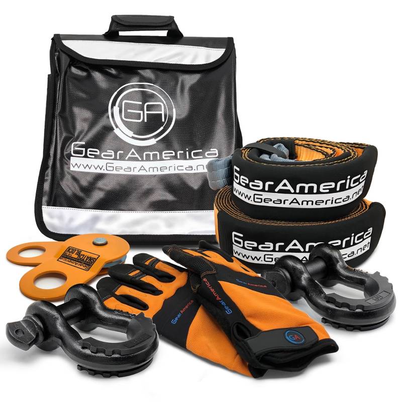 GearAmerica Off-Road Recovery Kit | Abschleppgurt + Baumschoner + Snatch Block + Schwarz D Ringschäkel + Windenleine Dämpfer Tasche + Wiederherstellungshandschuhe | Ultimatives 4x4 Windenzubehör von GA GEARAMERICA