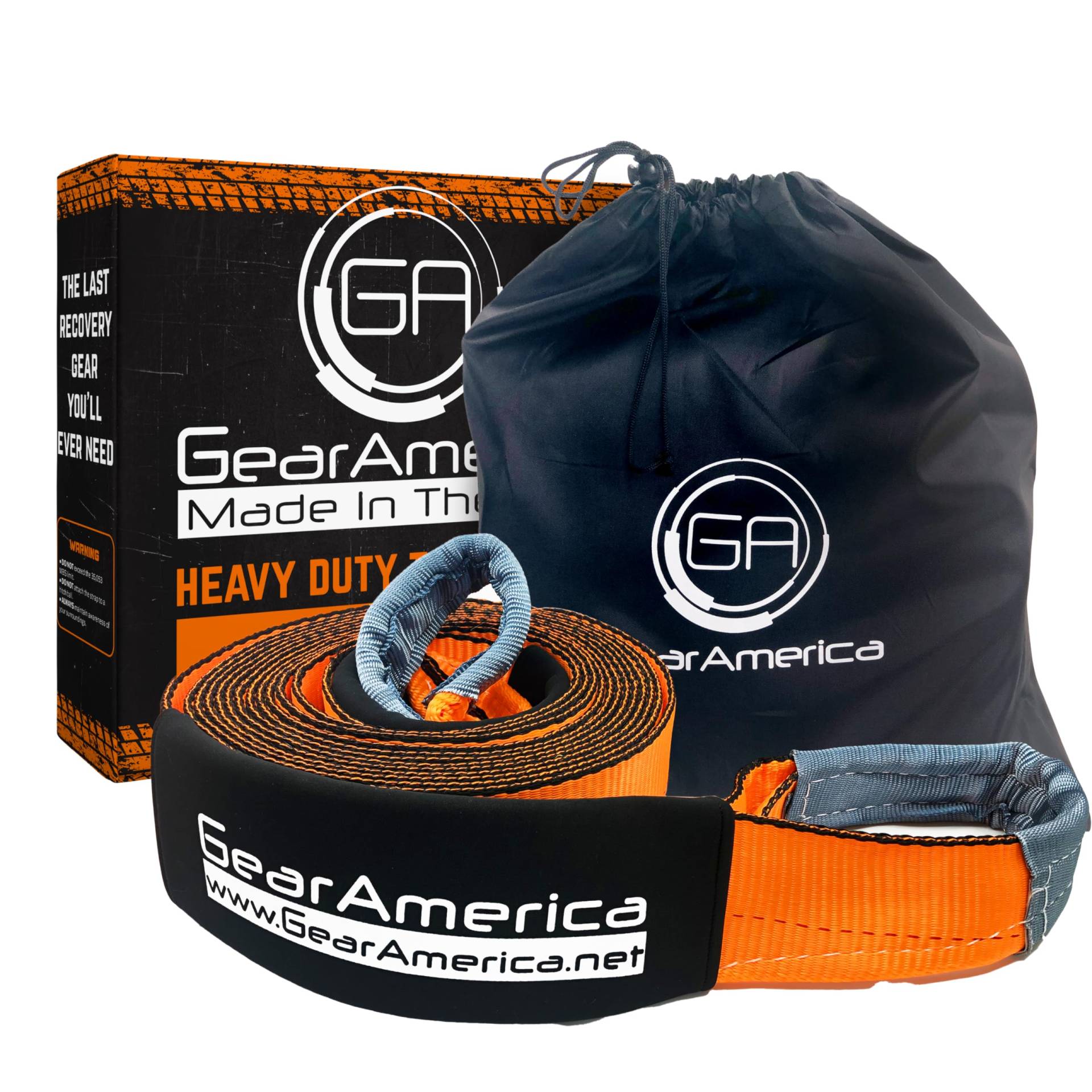 GearAmerica Recovery Tow Strap Heavy Duty Labor getestet 41.455 lbs(20,7 Tonnen) Strength Triple-Reinforced Loops+Schutzhüllen Notfall LKW Abschleppen Freie Aufbewahrungstasche+Strap 4" x 30' Orange von GA GEARAMERICA