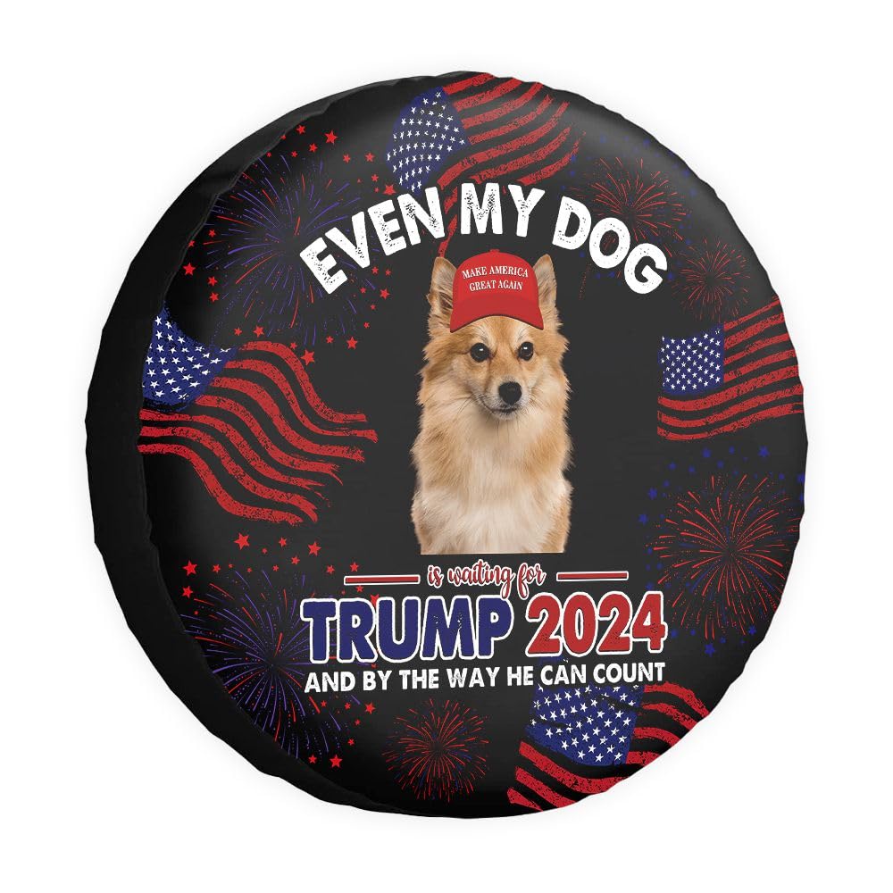 GABSHAIM Even My Dog is Waiting for Trump Ersatzreifenabdeckung Pomeranian Dog Tire Wheel Covers Keep American Great Wheel Protectors Reifenabdeckungen Schwarz 35,6 cm (14 Zoll) von GABSHAIM