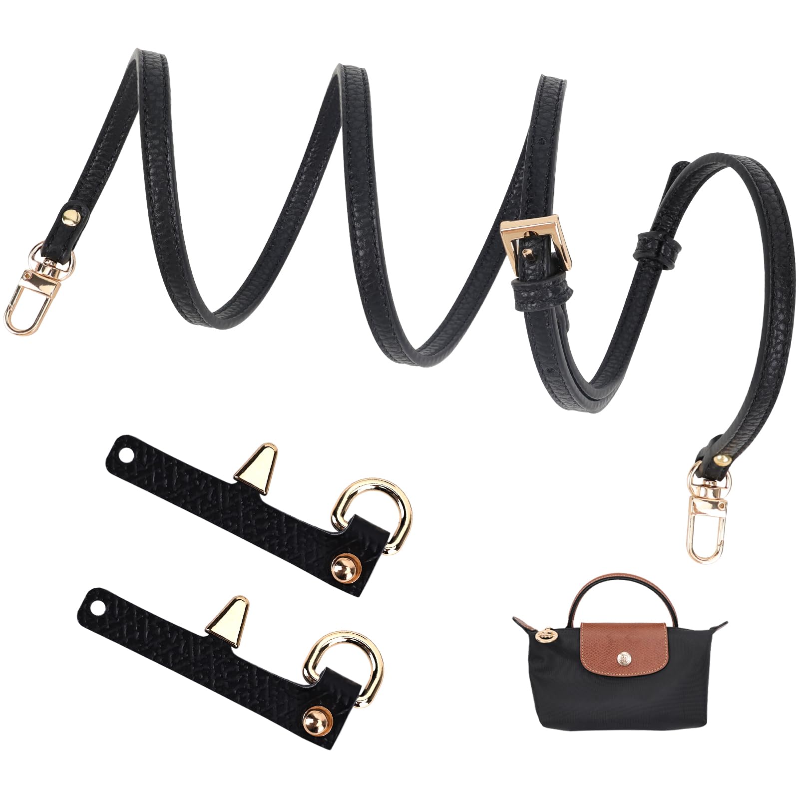 GADITIEK Schultergurt für Longchamp Tasche Damen Mini, Kein Stanzen Schwarz Schulterriemen für Longchamp Mini Bag Strap, Lederriemen, Taschengurt Schmal,Tragegurt Tasche für Longchamp le Pliage Mini von GADITIEK